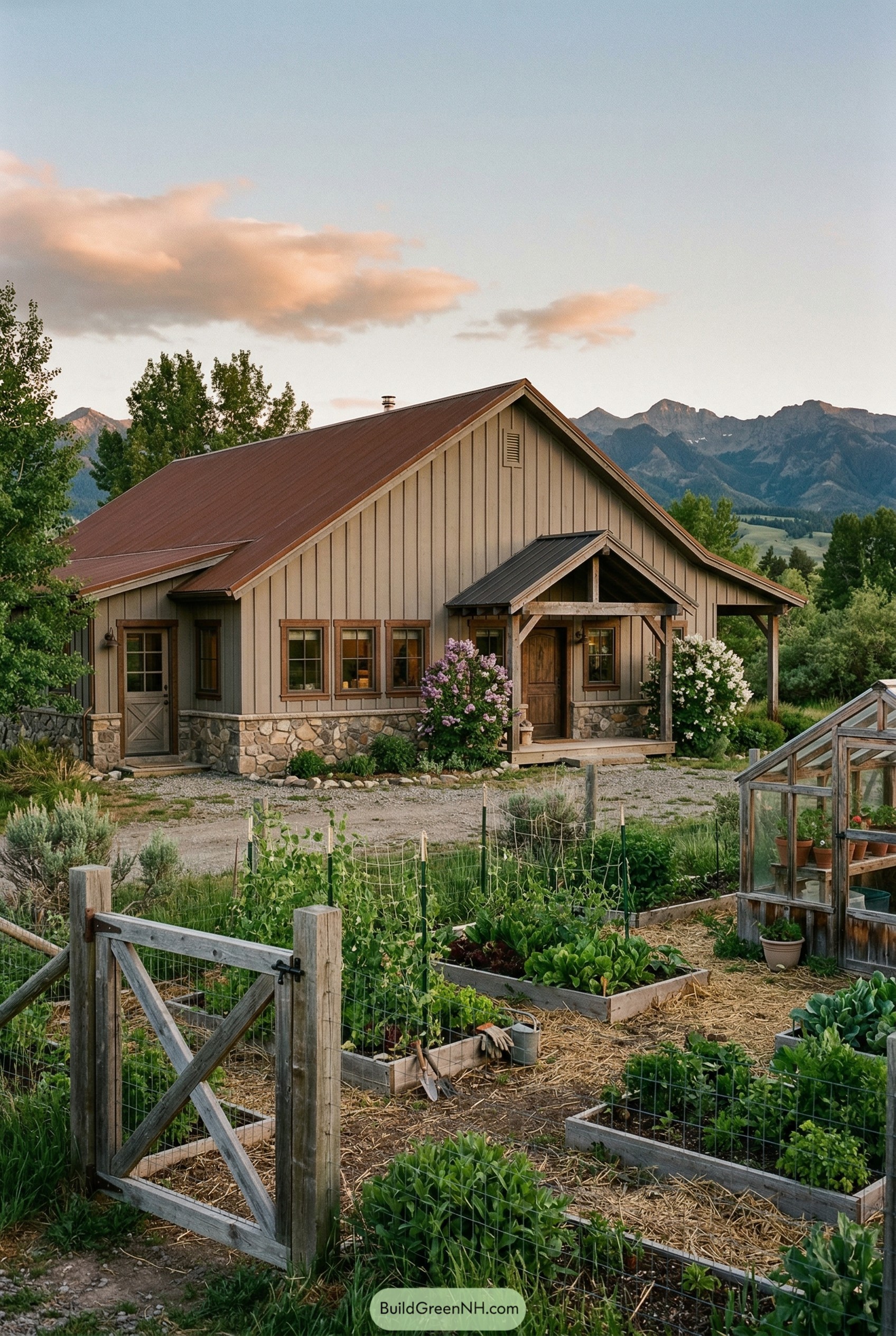 Board and batten ranch house with raised garden beds