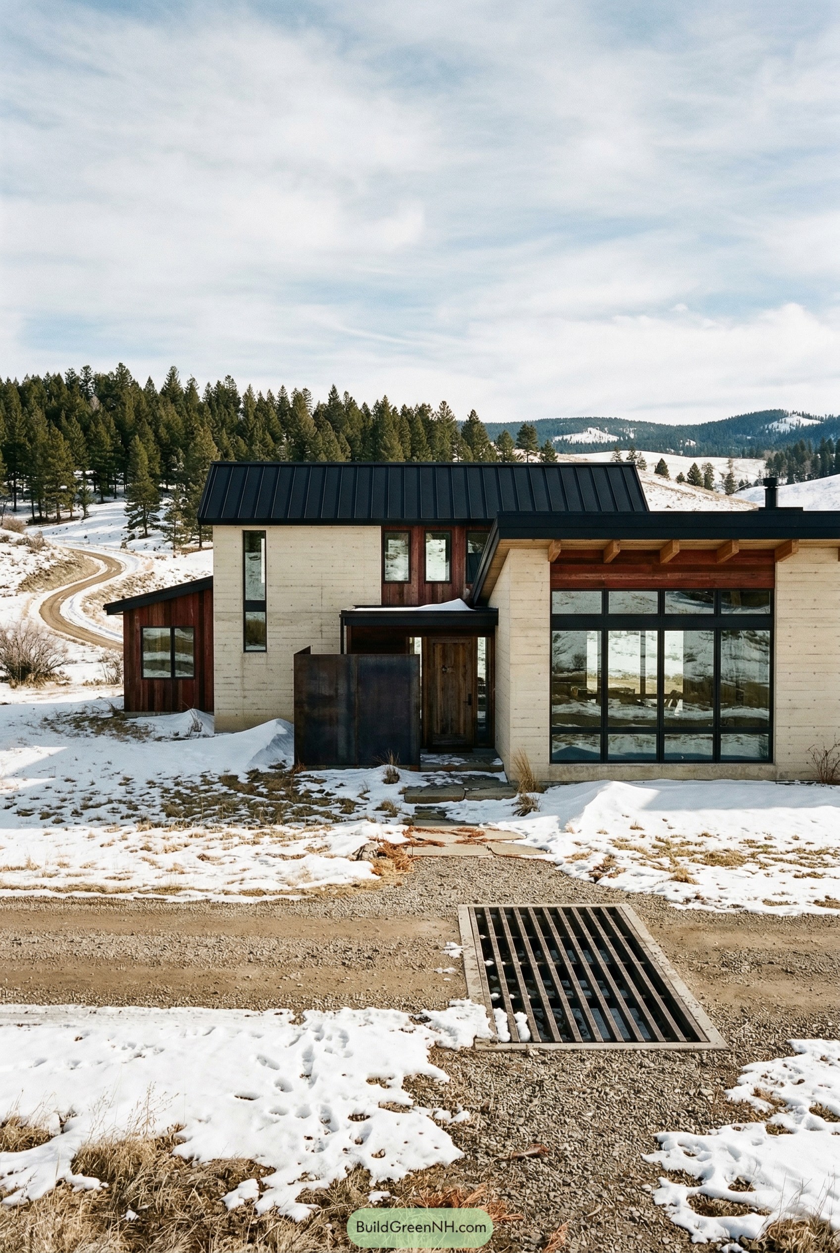 Modern ranch house with black roof in snowy foothills