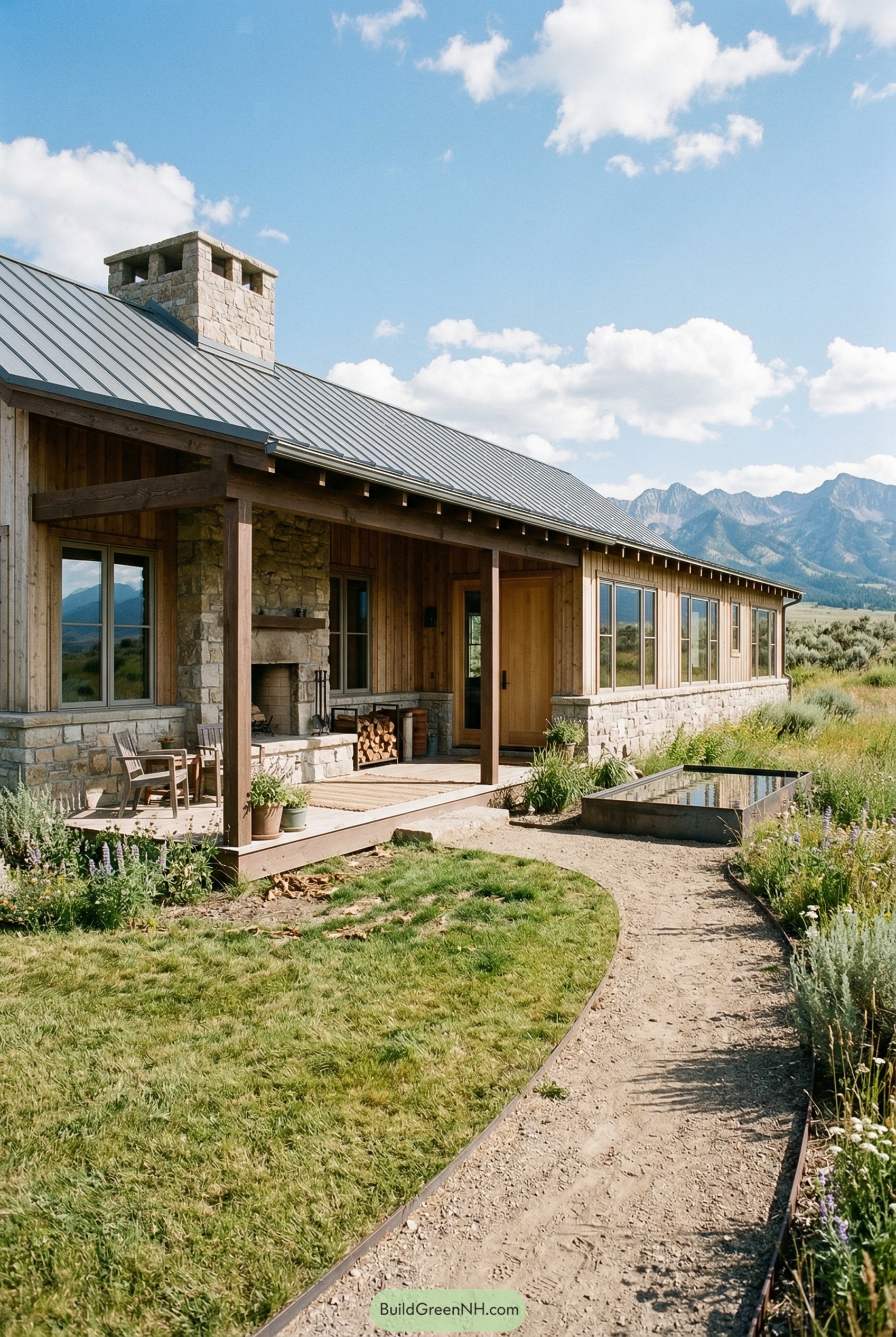 Long wood and stone ranch home with metal roof porch and mountain views