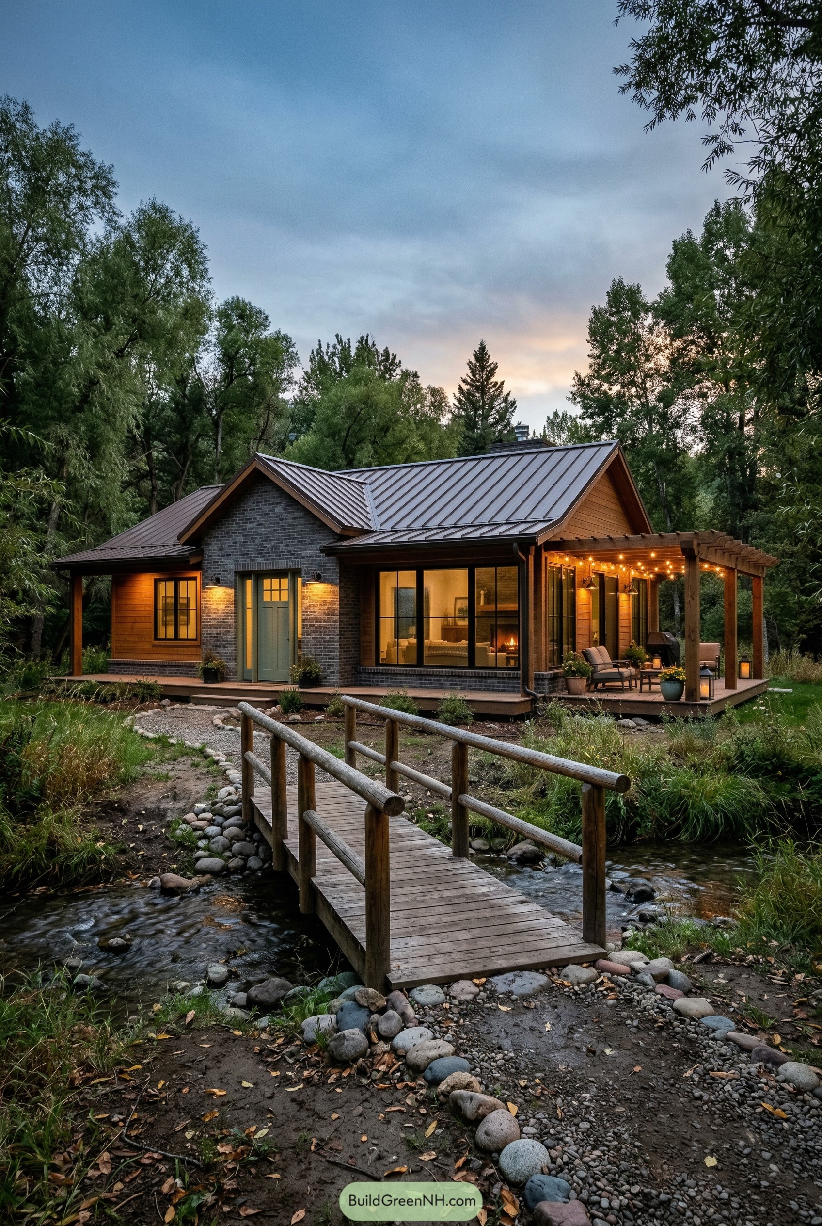 Brick and cedar ranch house by a creek