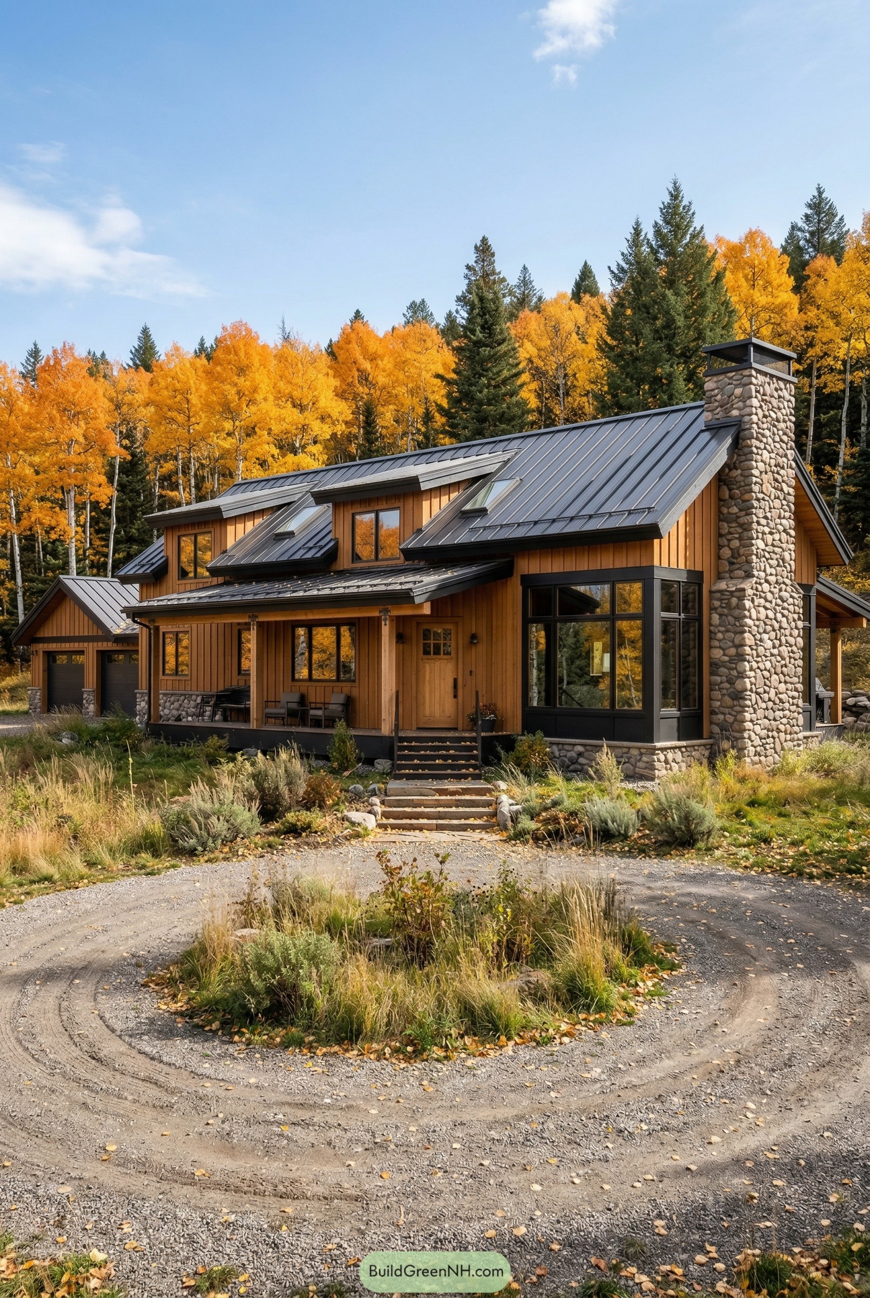 Wood ranch house with stone chimney and dark metal roof among autumn aspens