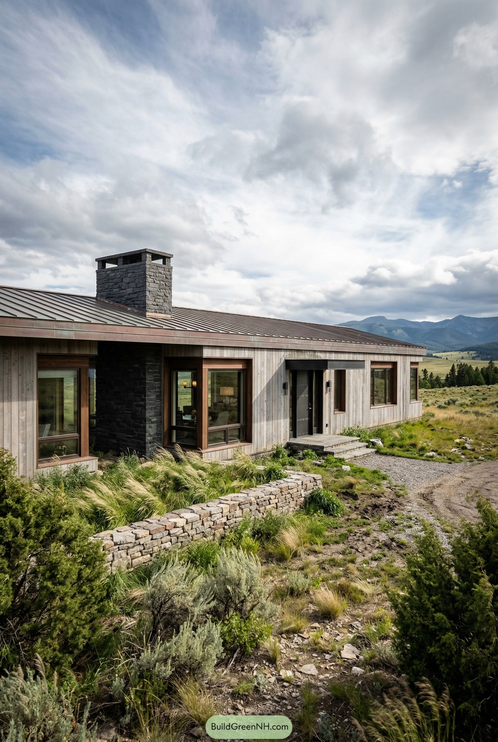 Long single story ranch home with metal roof and stone chimney in open grassland