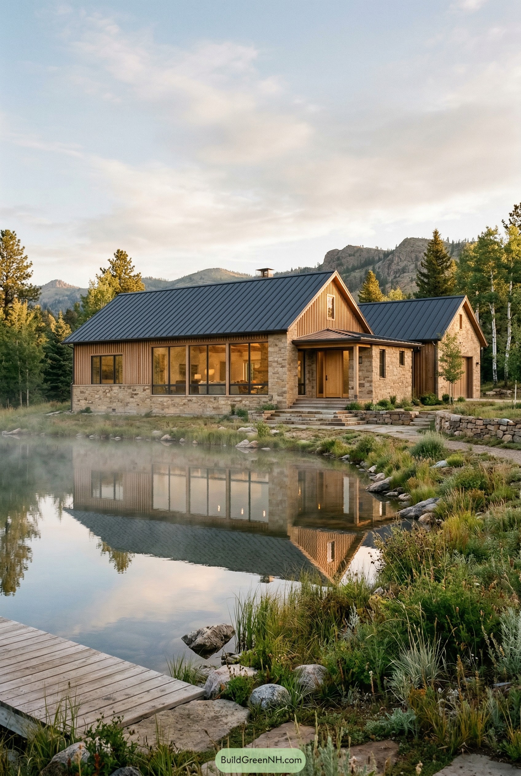Modern stone and timber ranch house by a pond