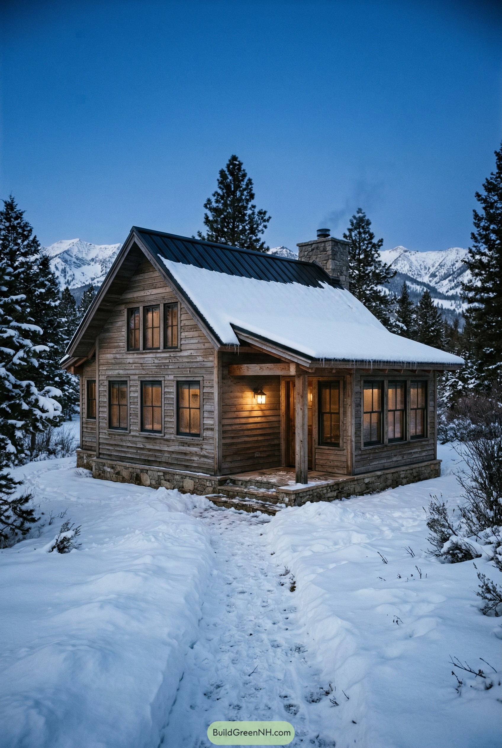 Snowy timber cabin with black roof