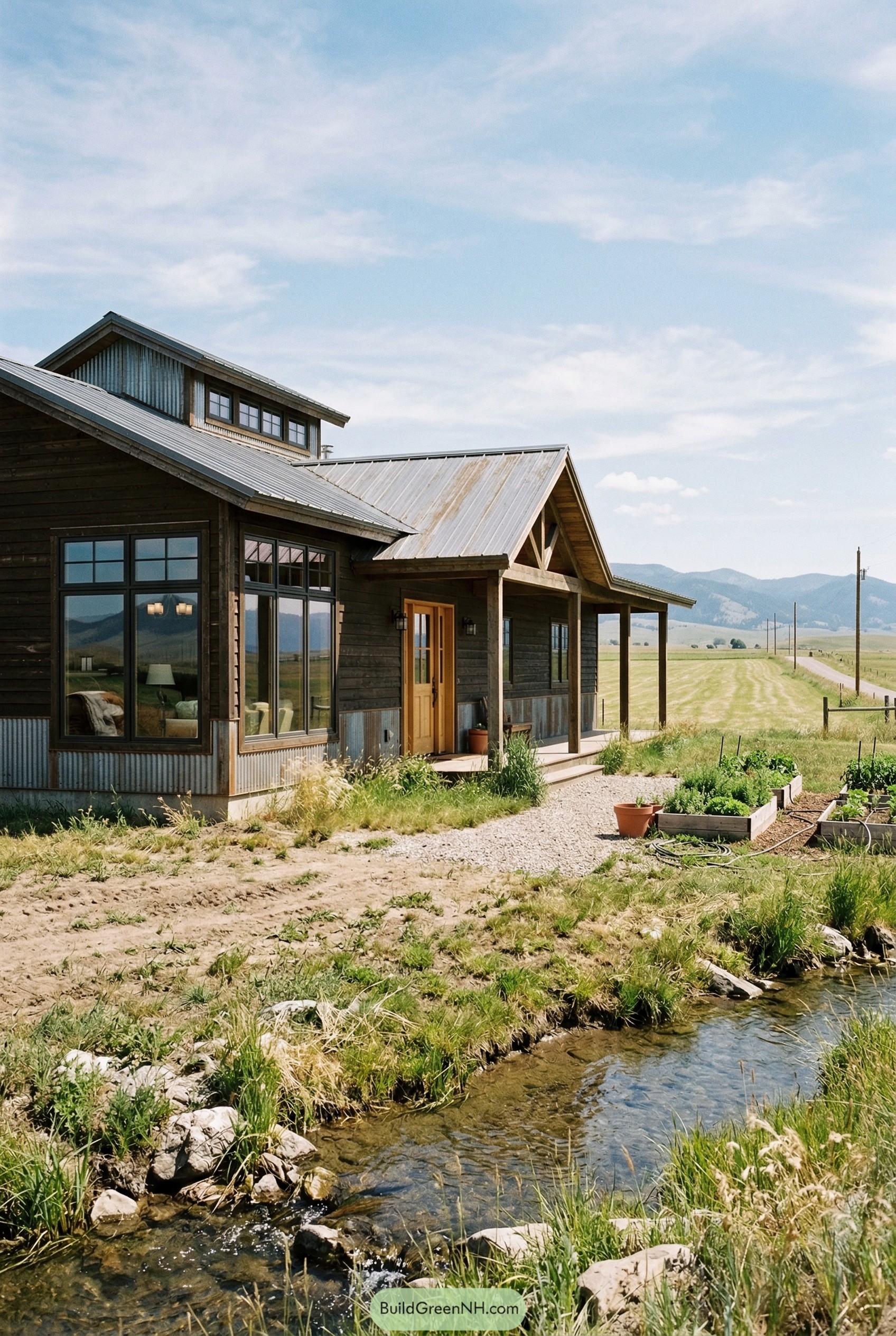 Dark wood ranch house beside a creek