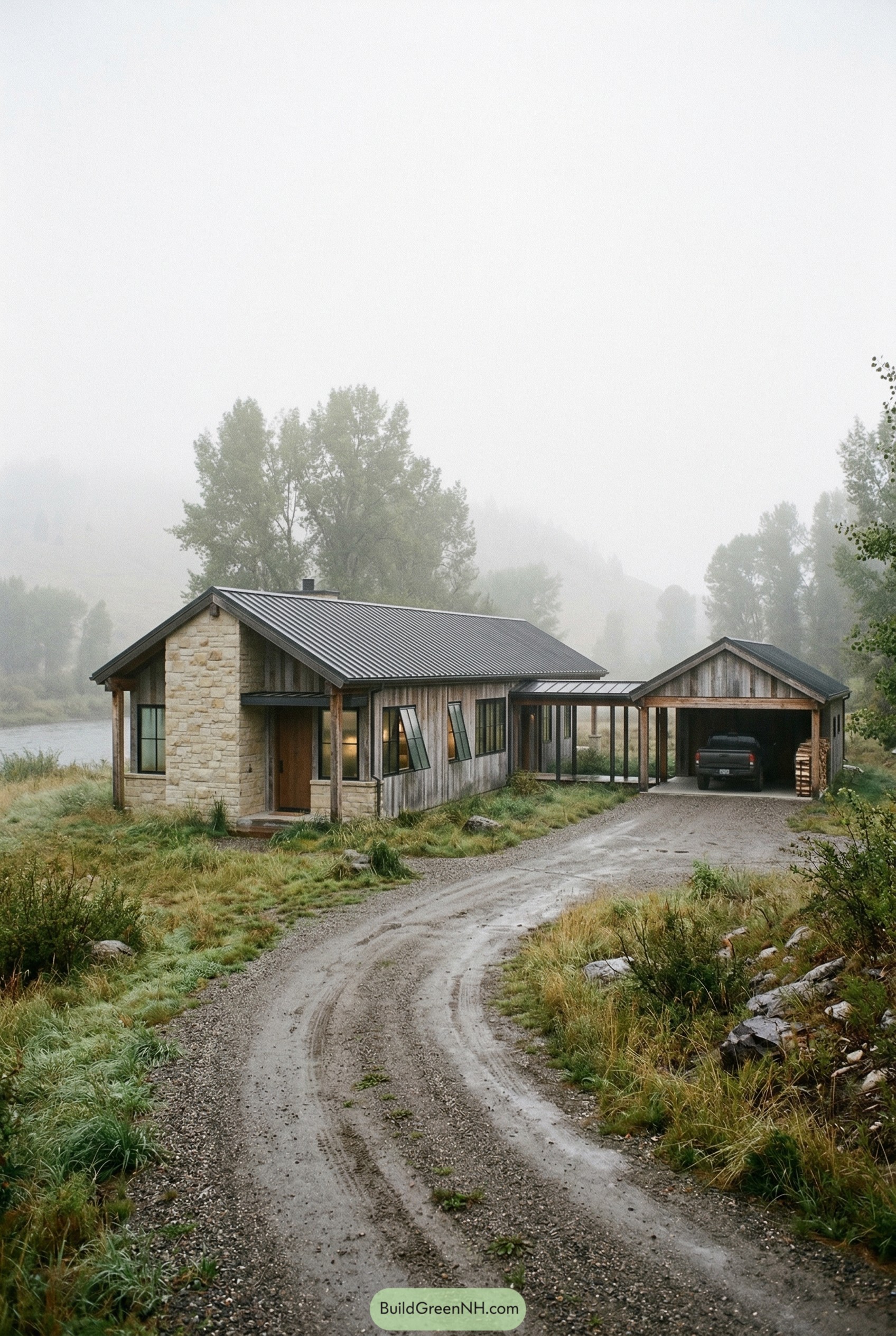 Foggy wood and stone ranch with breezeway