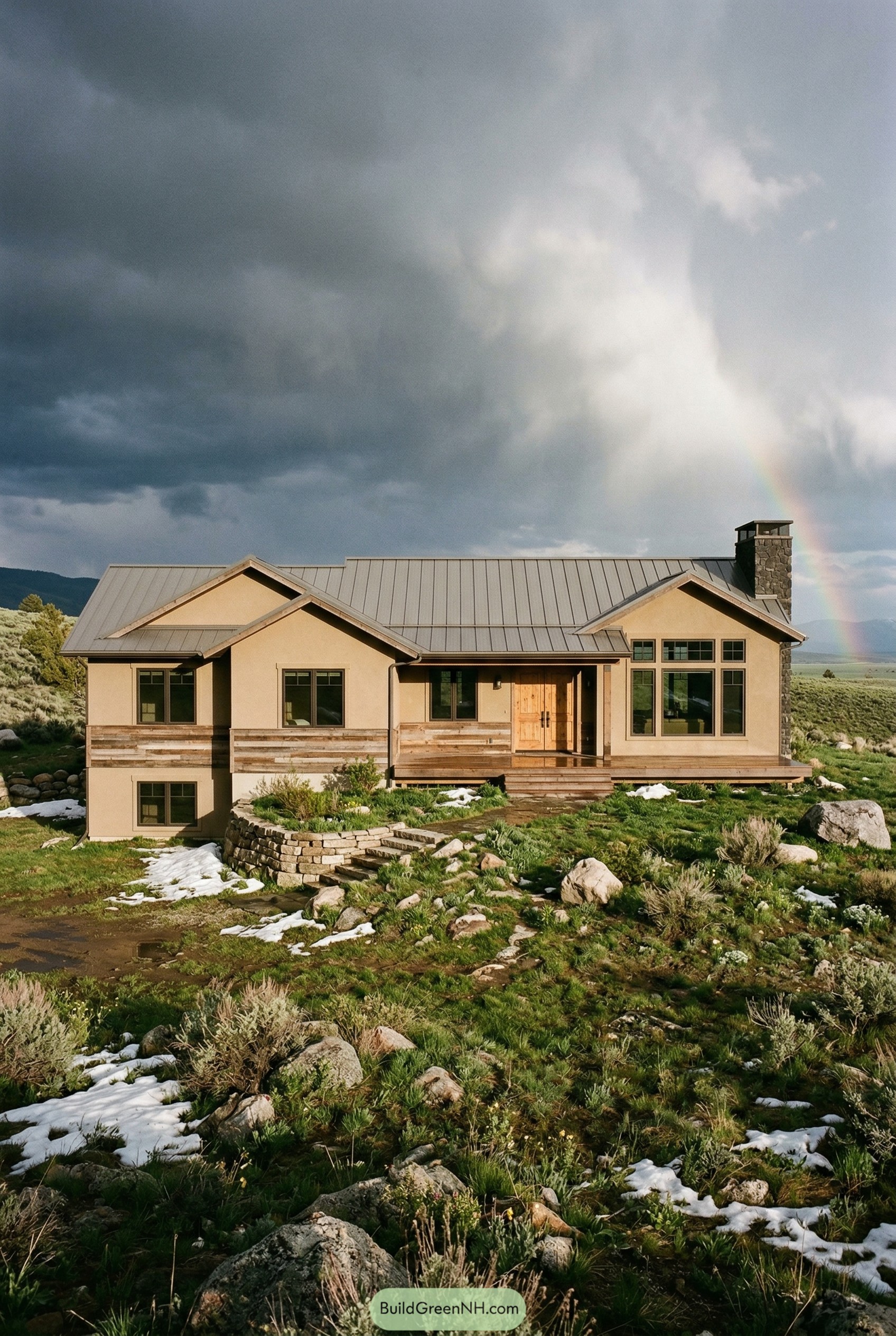 Ranch home with metal roof under storm clouds and a rainbow