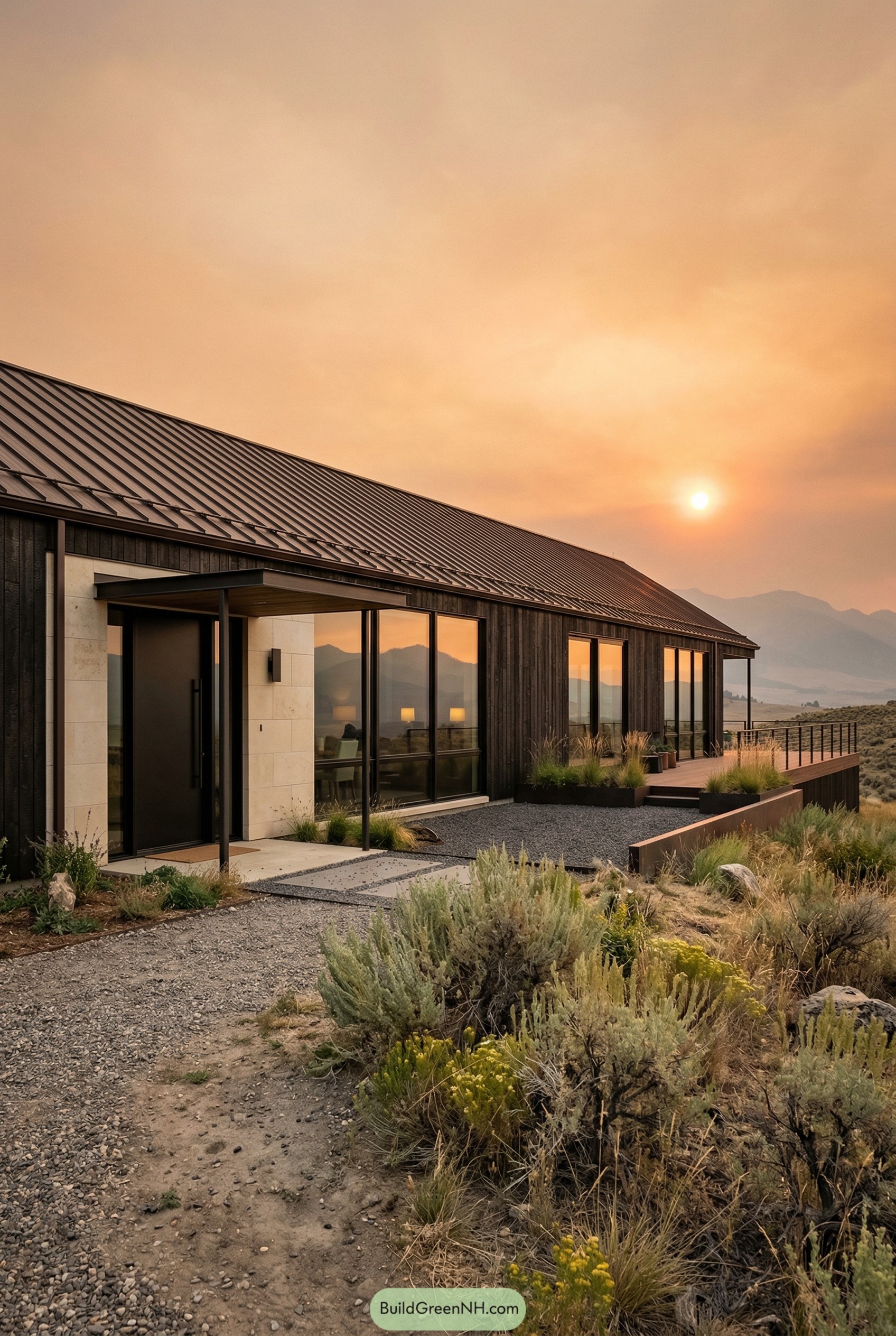 Modern ranch house with dark metal roof