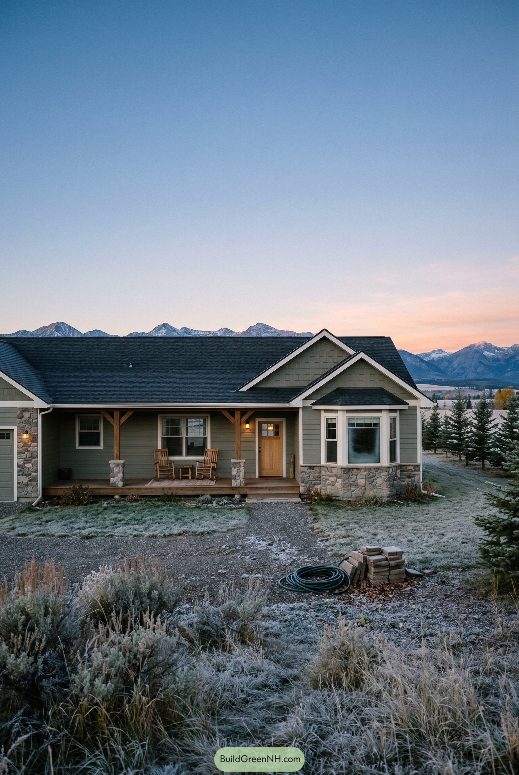 Frosty sage ranch house with porch and mountains