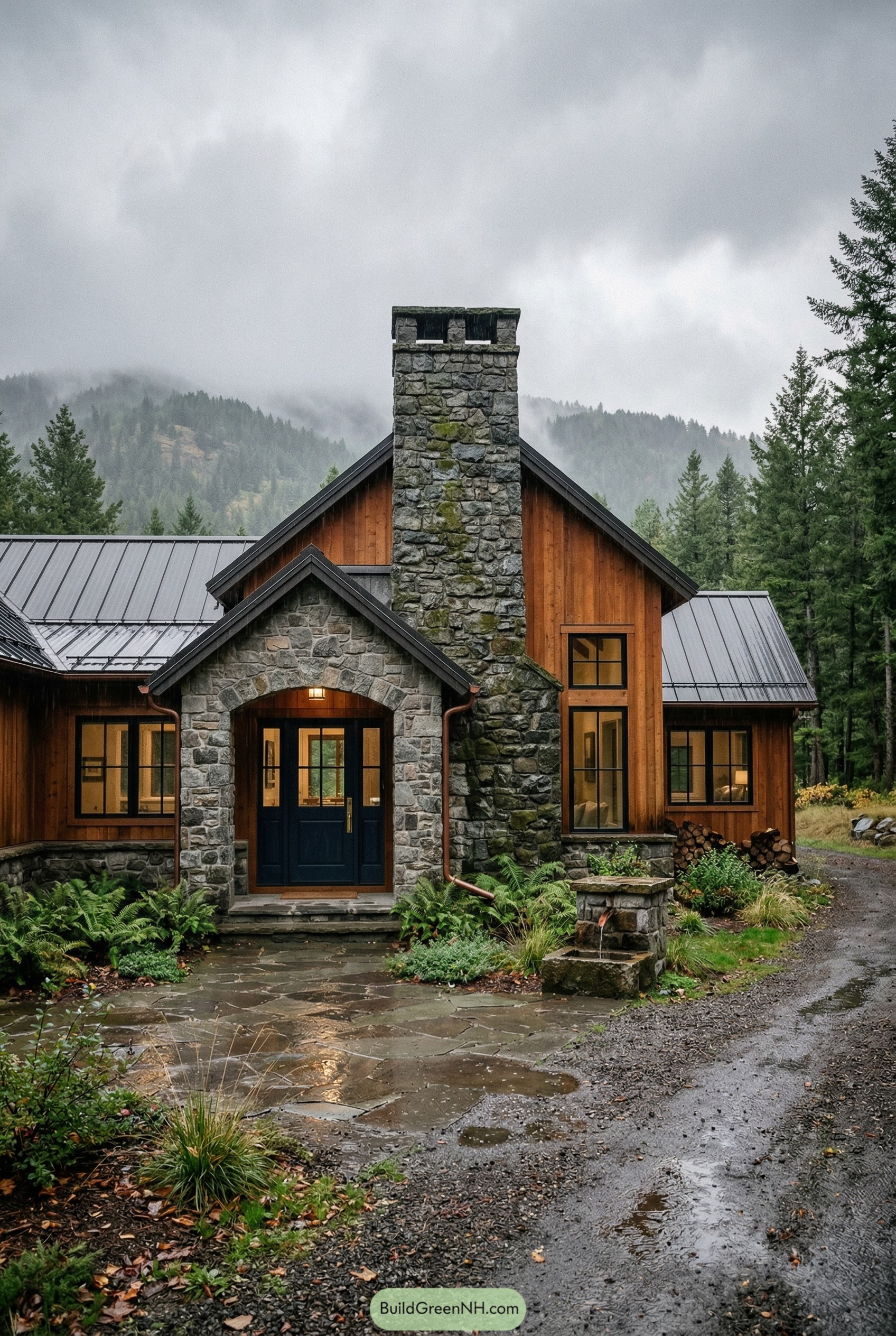 Cedar ranch house with stone chimney and blue door