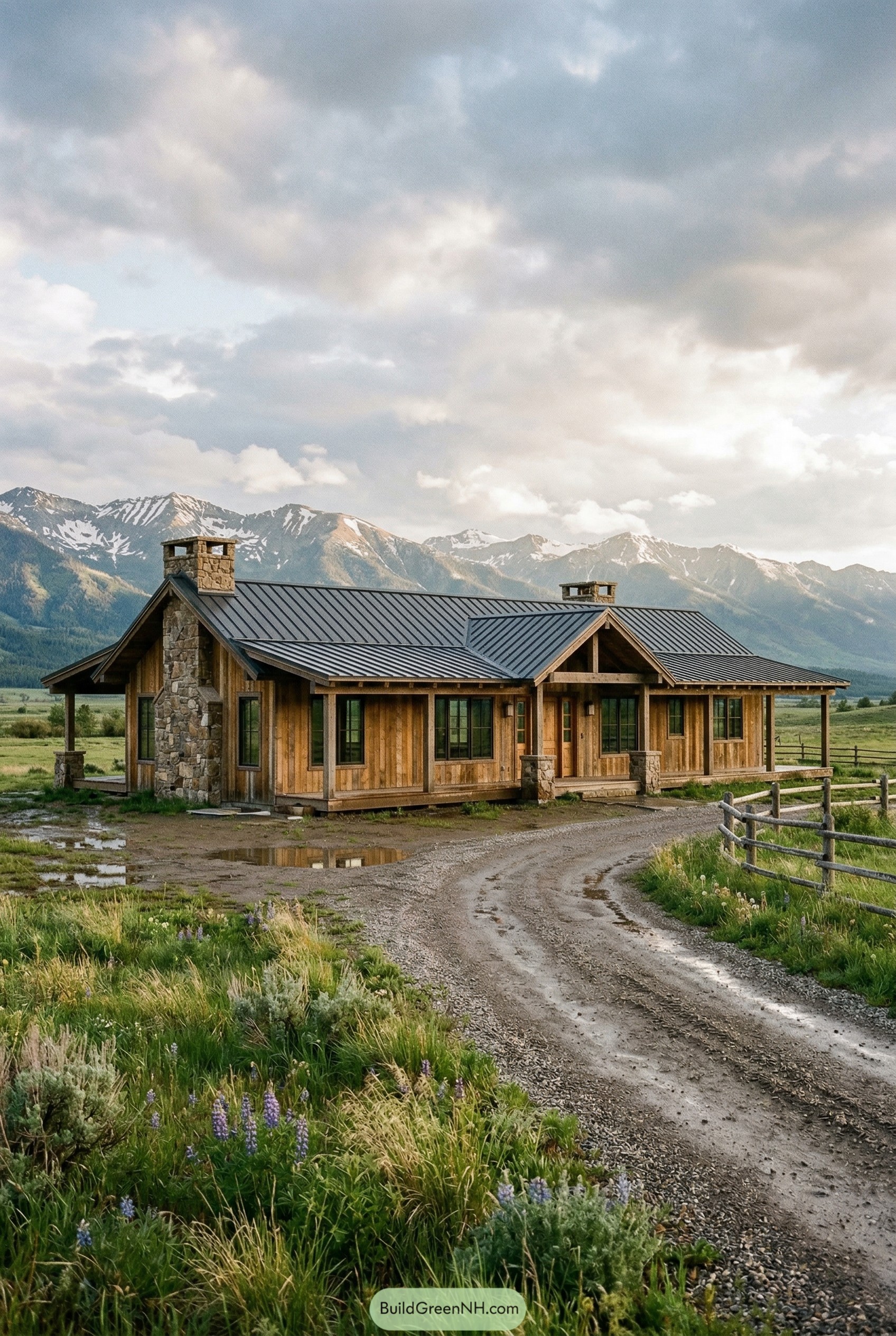 Wood ranch house with stone chimneys and metal roof