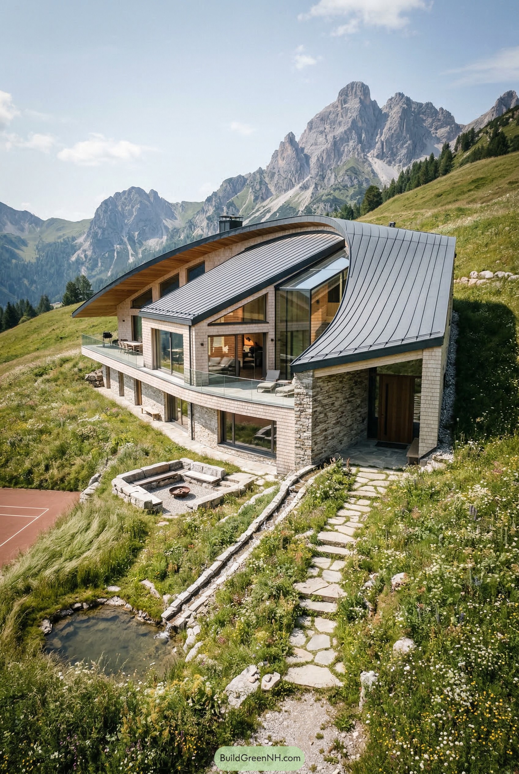 Curved roof mountain home on alpine slope