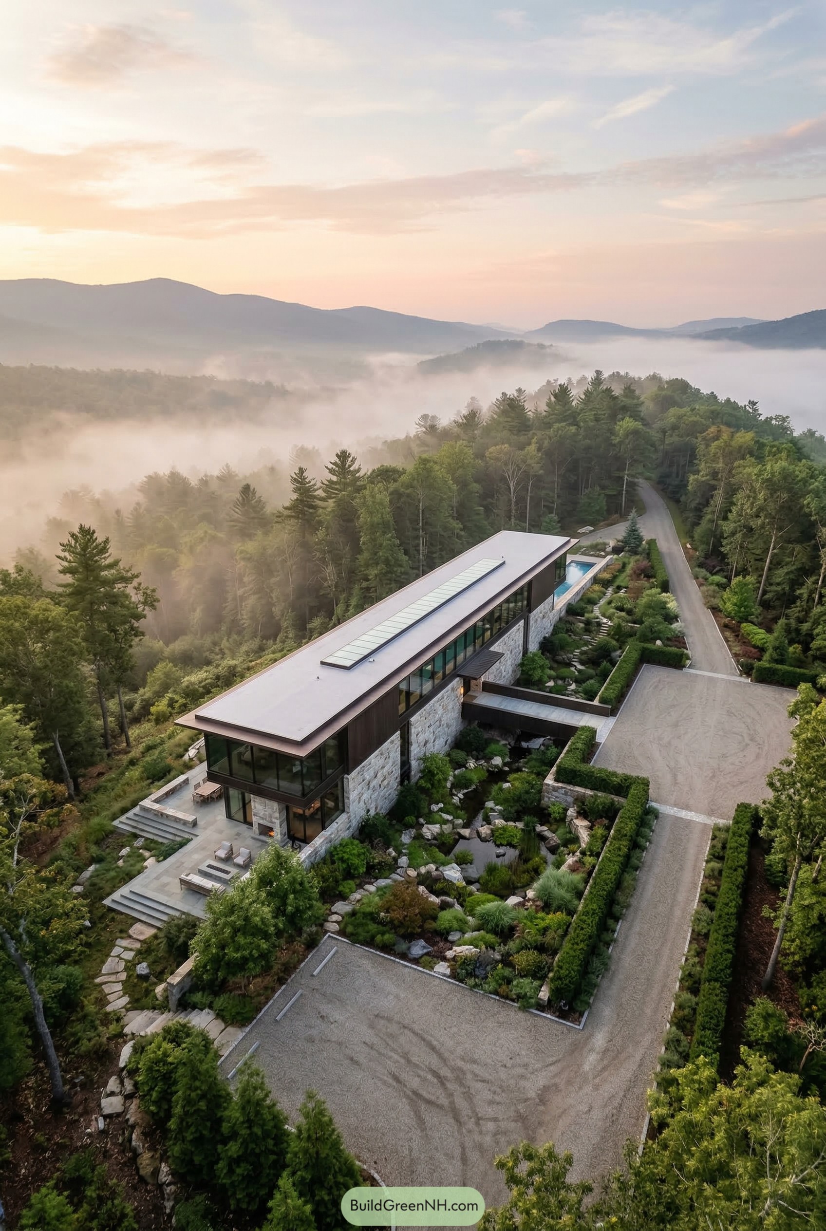 Linear stone and glass mountain house above misty pines