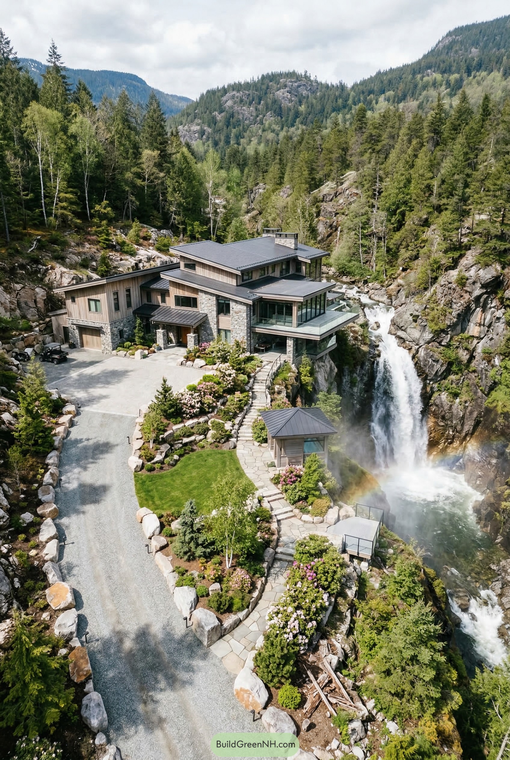 Modern mountain mansion beside a waterfall