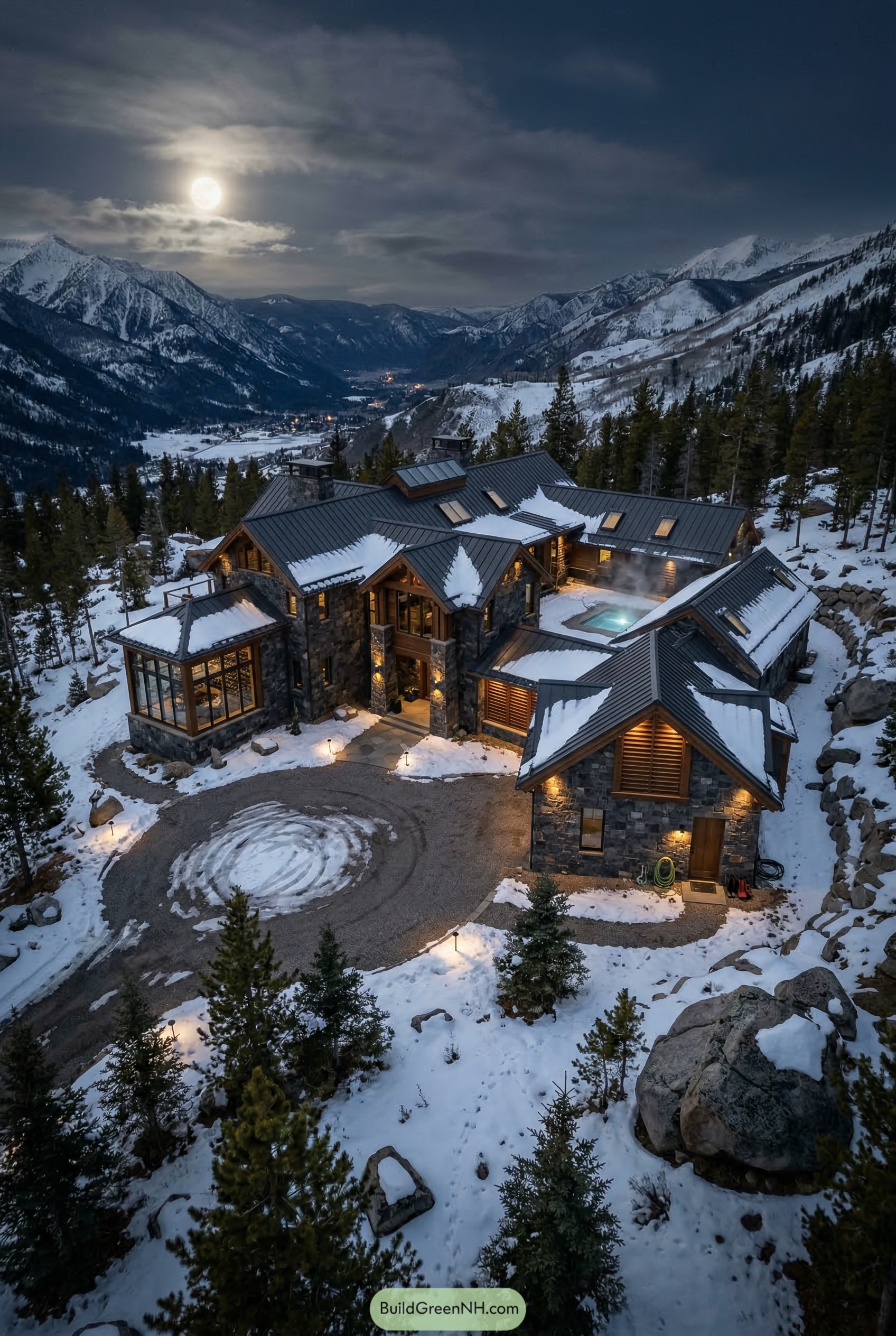 Stone mountain mansion on a snowy alpine slope at dusk