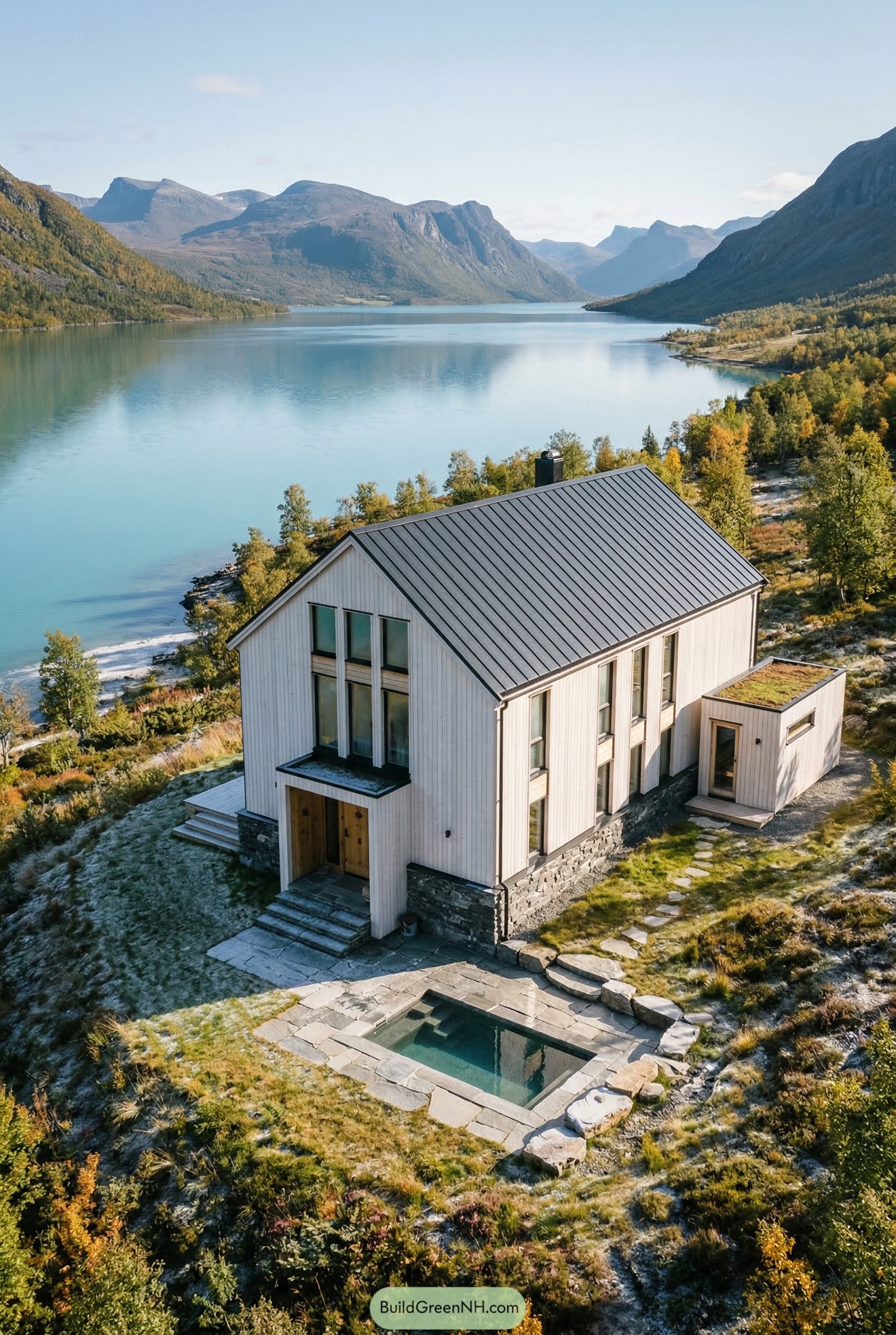 White gabled home above a mountain lake