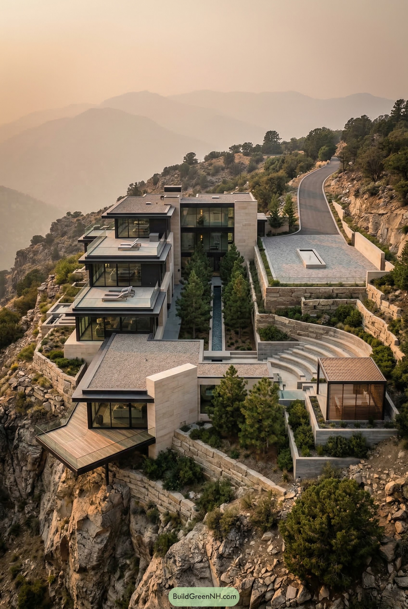 Terraced modern mansion on a rocky cliffside