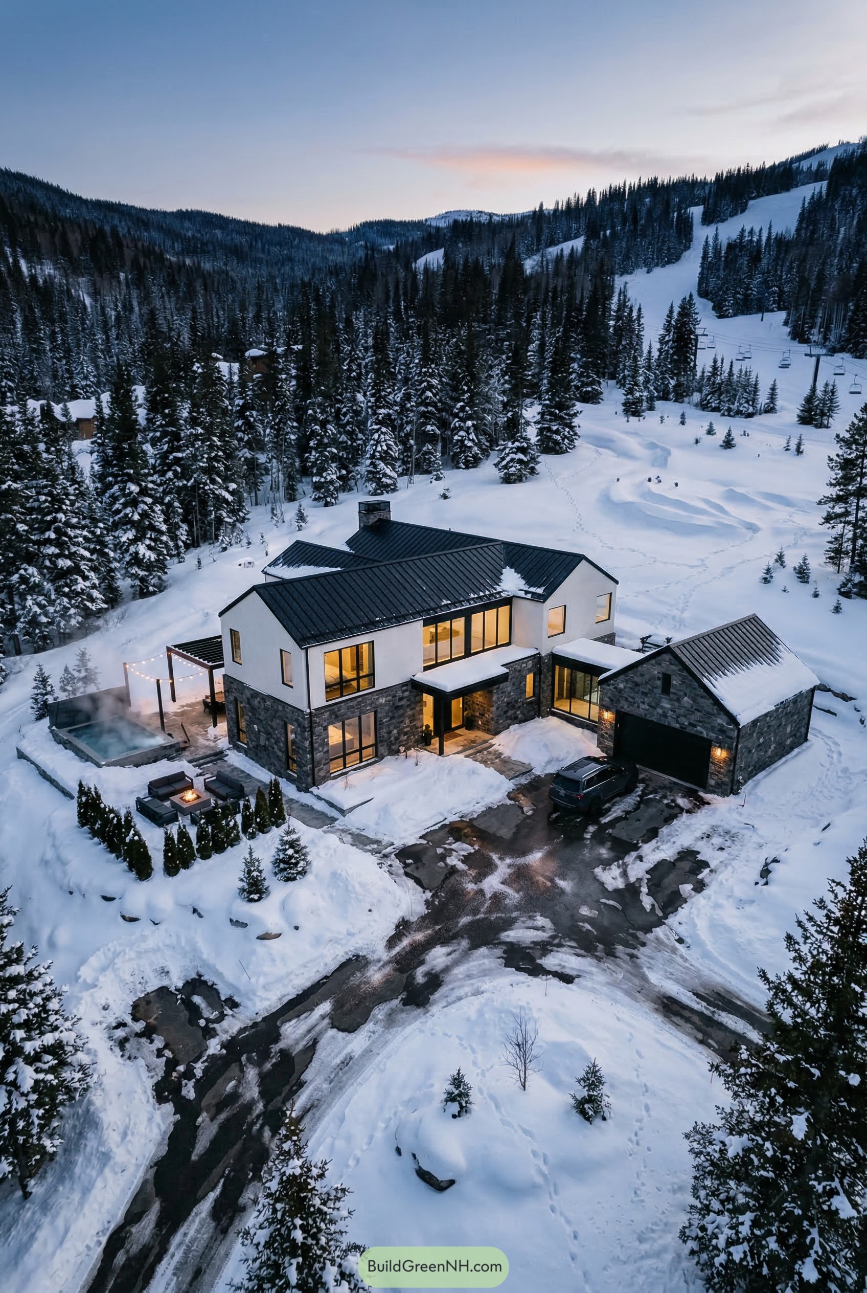 Modern stone and stucco mountain home in snow