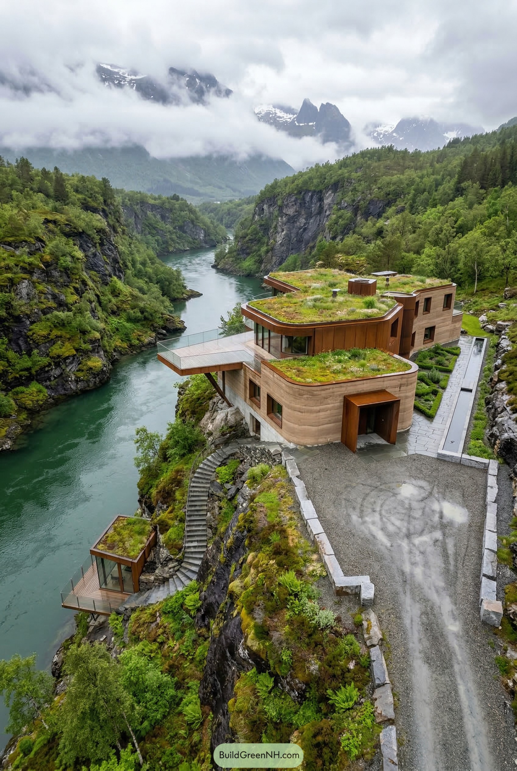 Cliffside mountain villa with green roofs above a river
