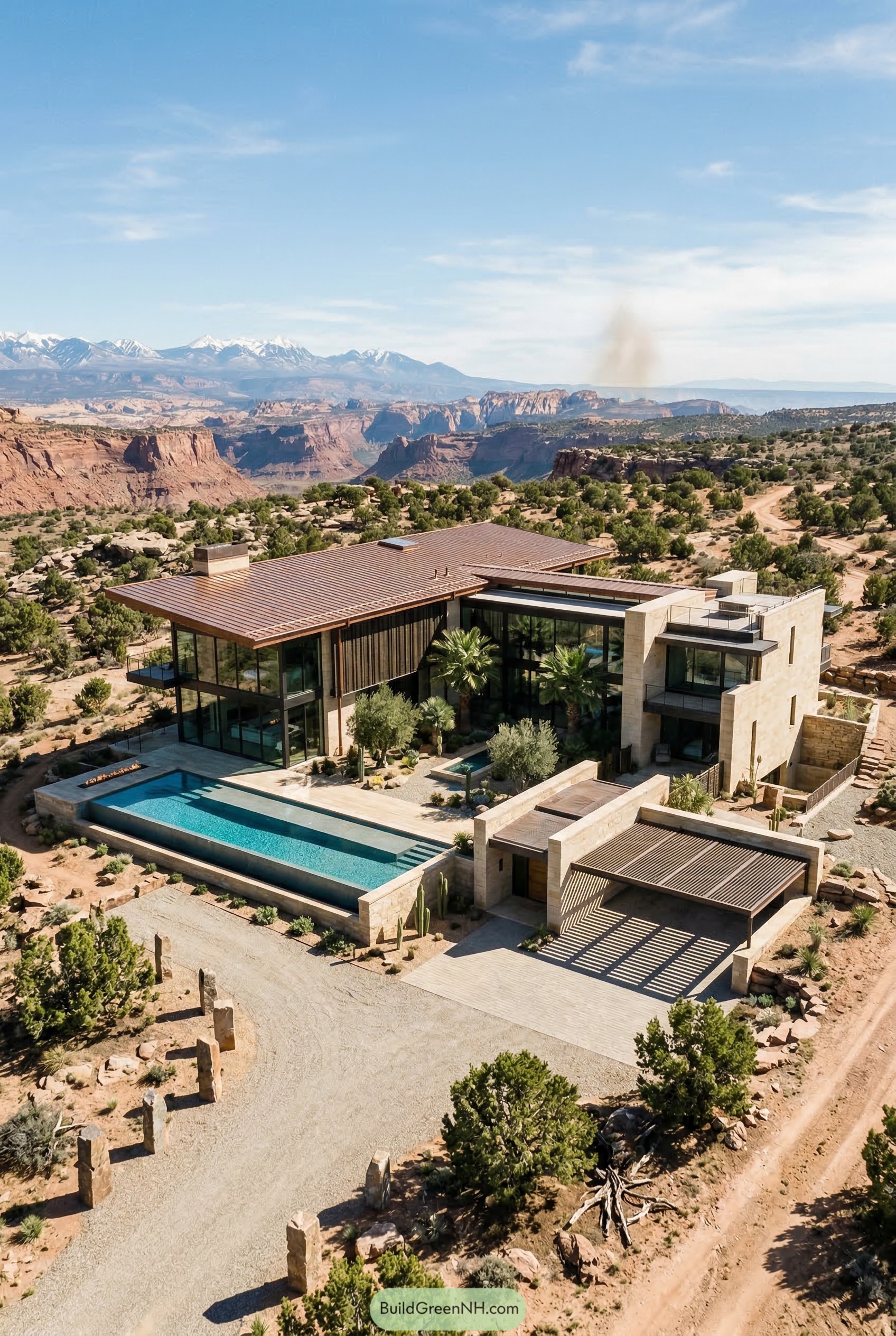 Modern desert mansion with lap pool and canyon views