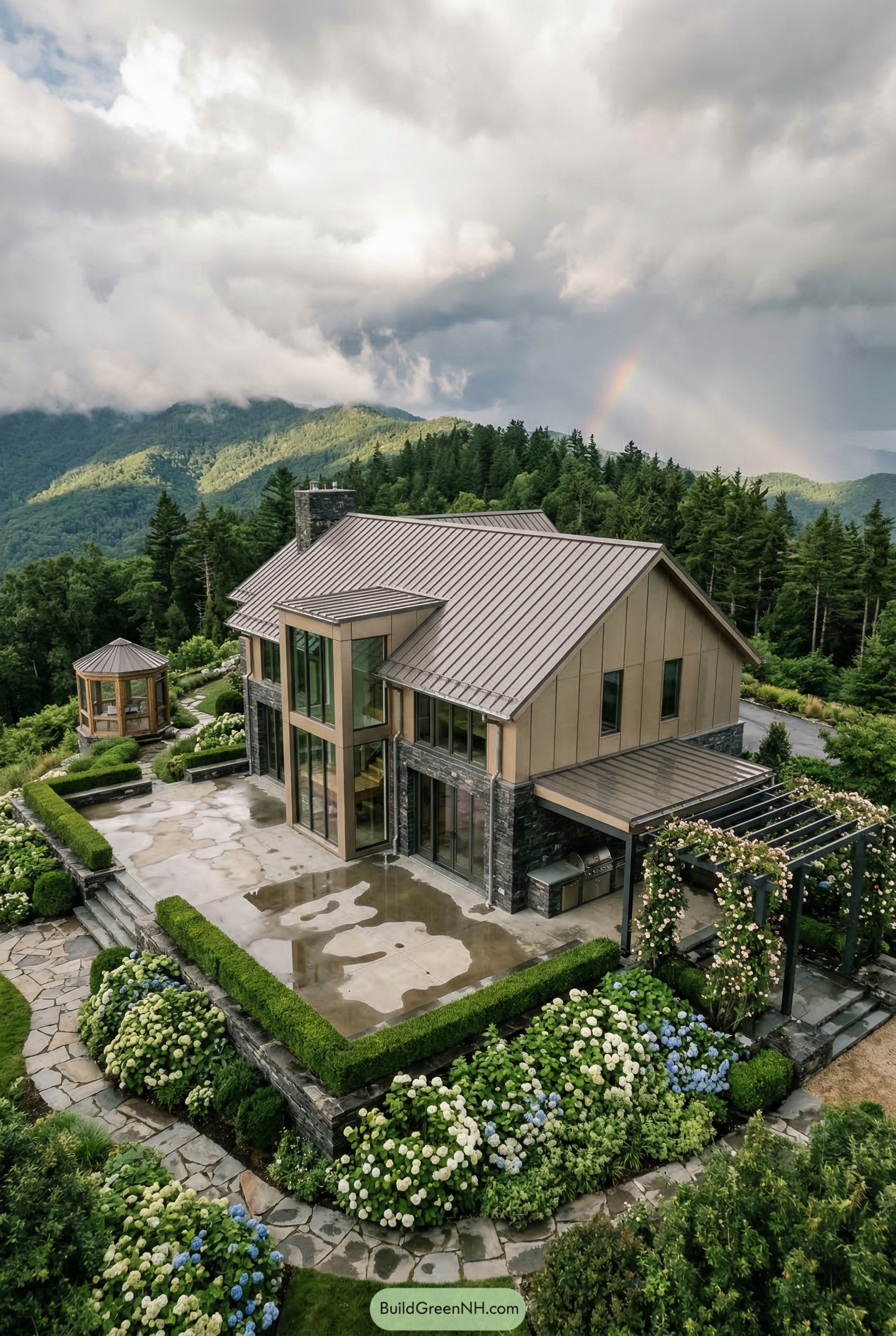 Modern mountain lodge with patio and gazebo