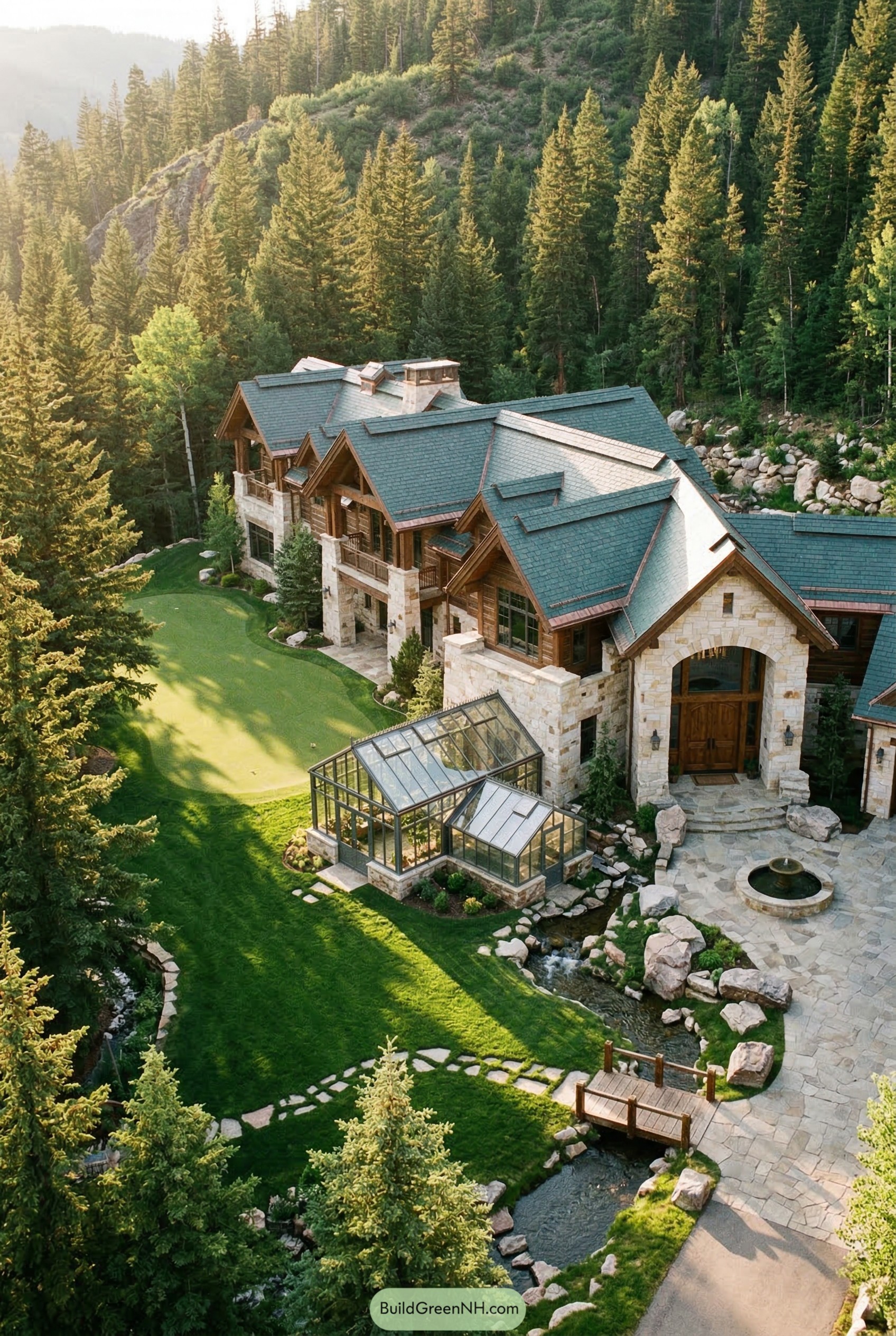 Stone mountain mansion with glass conservatory