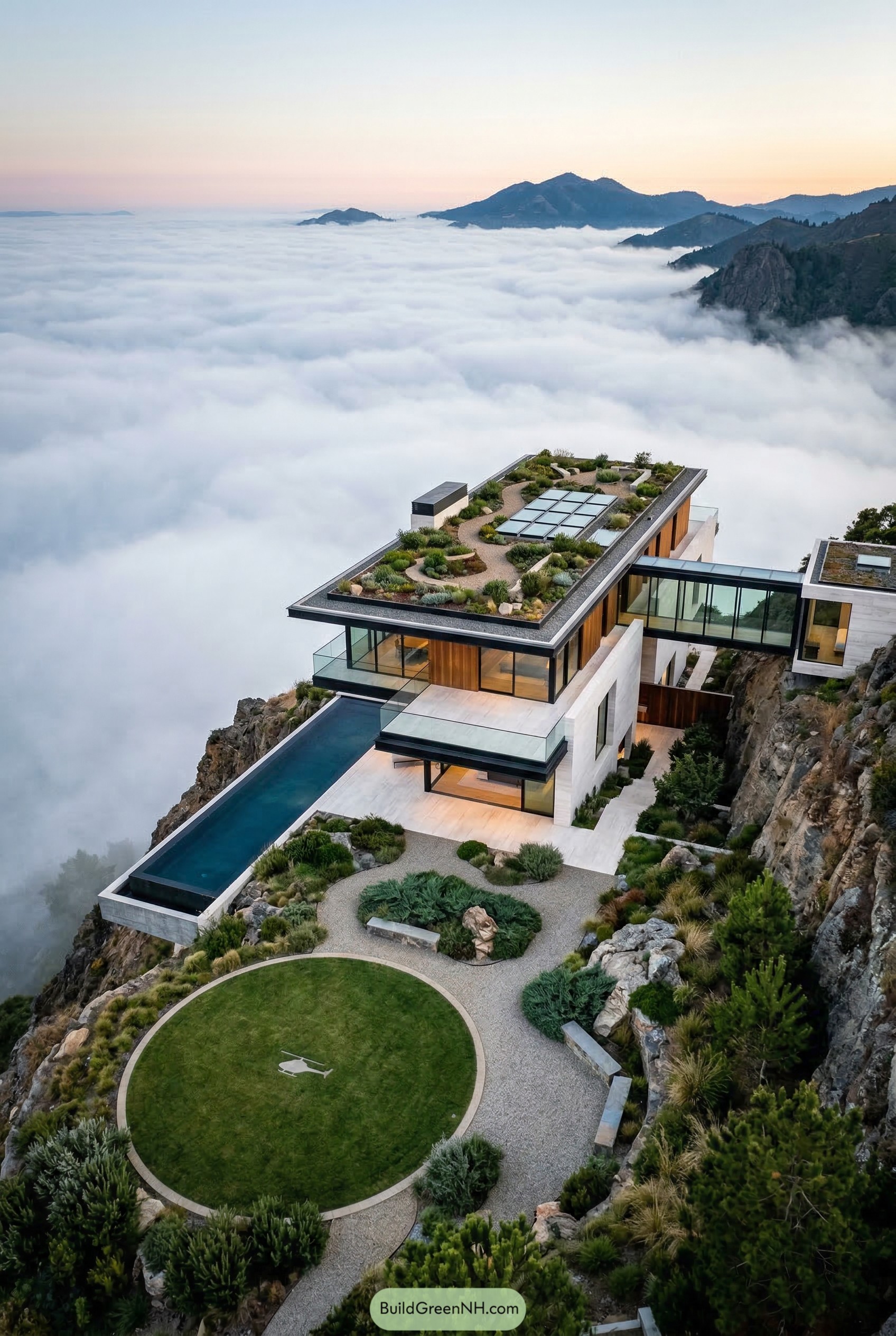 Cliffside modern mansion with green roof and lap pool above clouds
