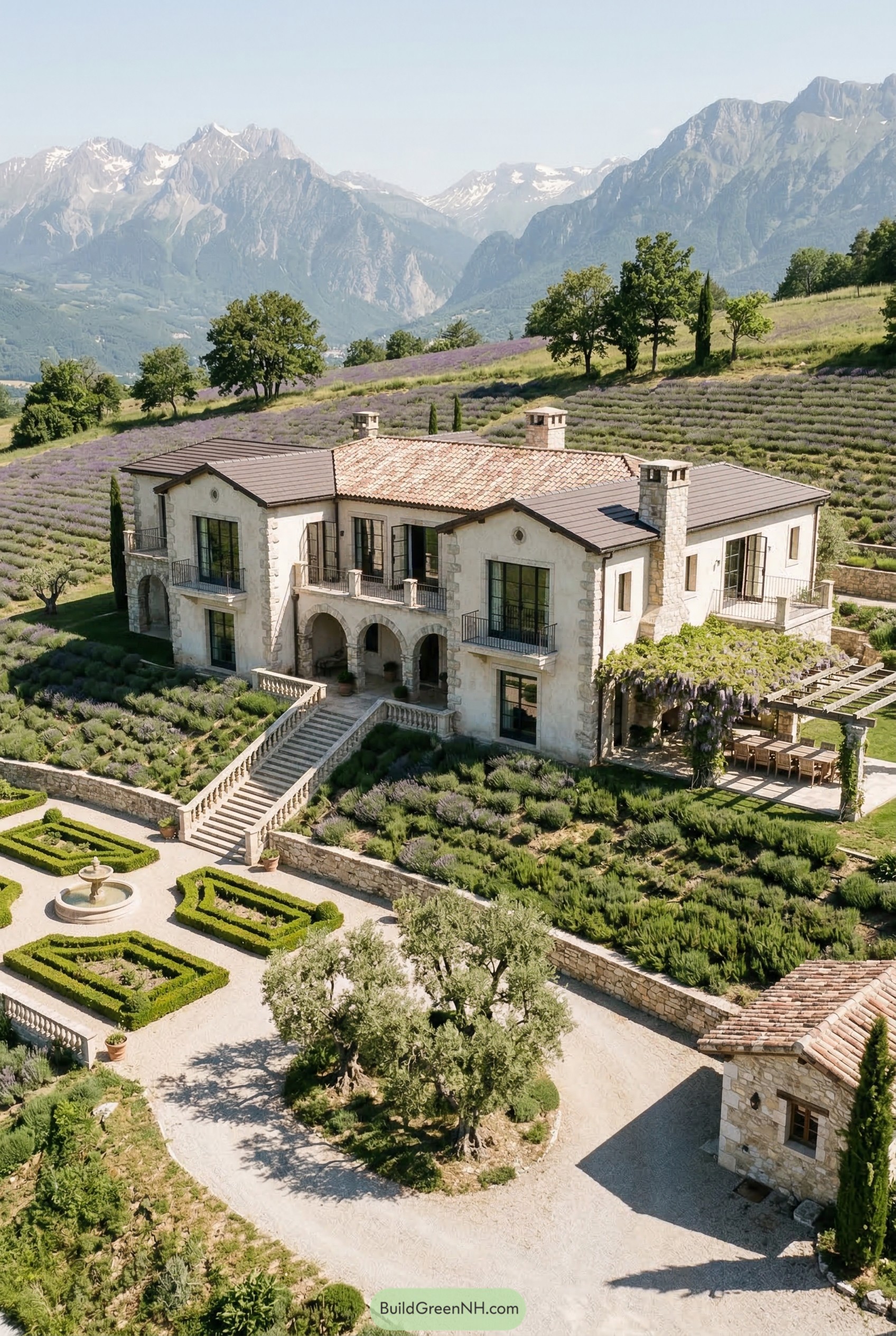 Stone villa with lavender terraces and mountains