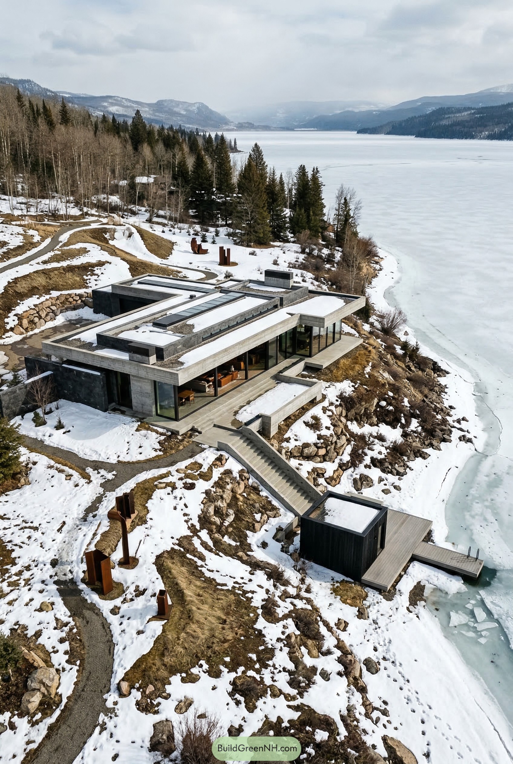 Modern concrete mansion on a frozen lakeshore