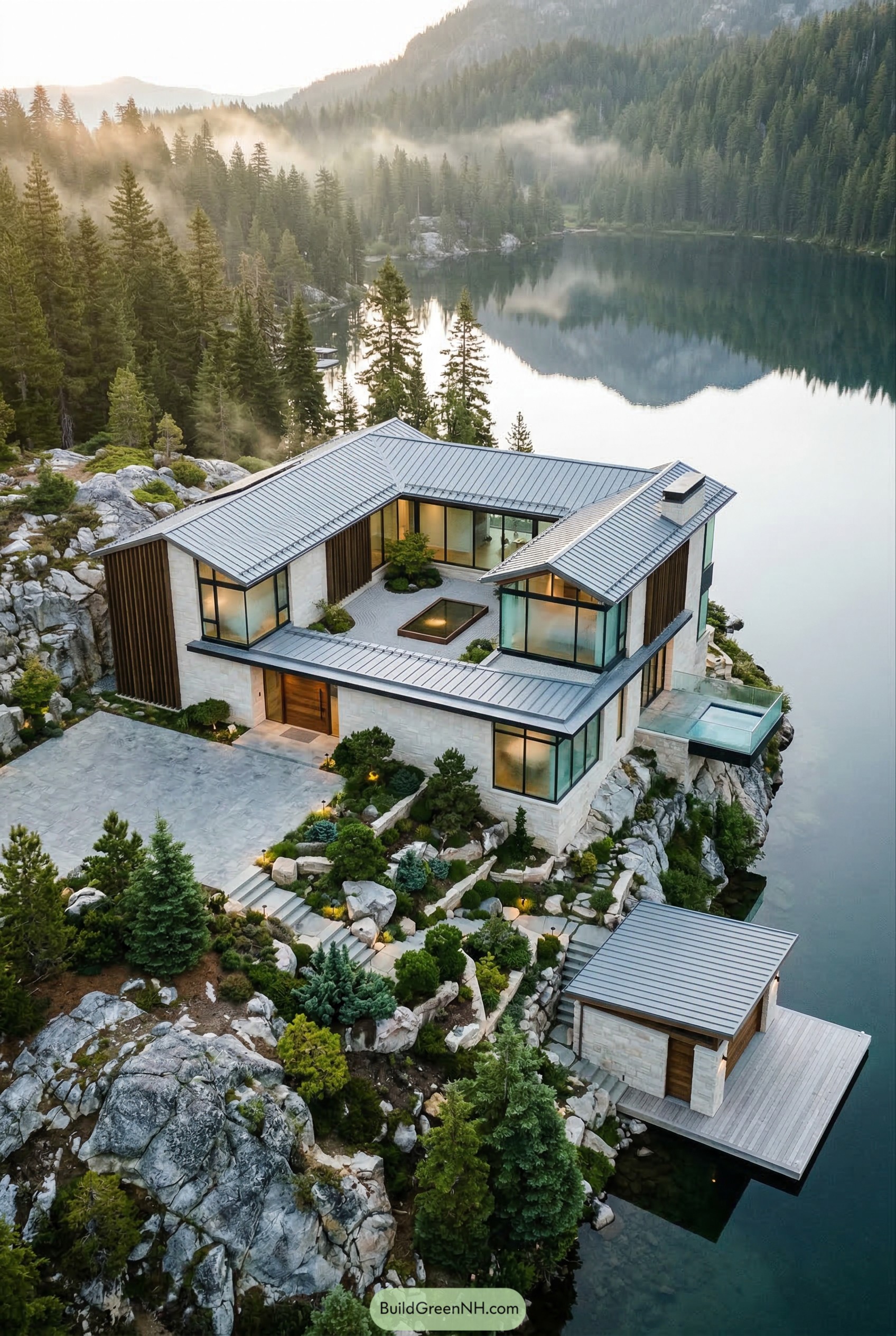 Modern mountain mansion on rocky lakeshore
