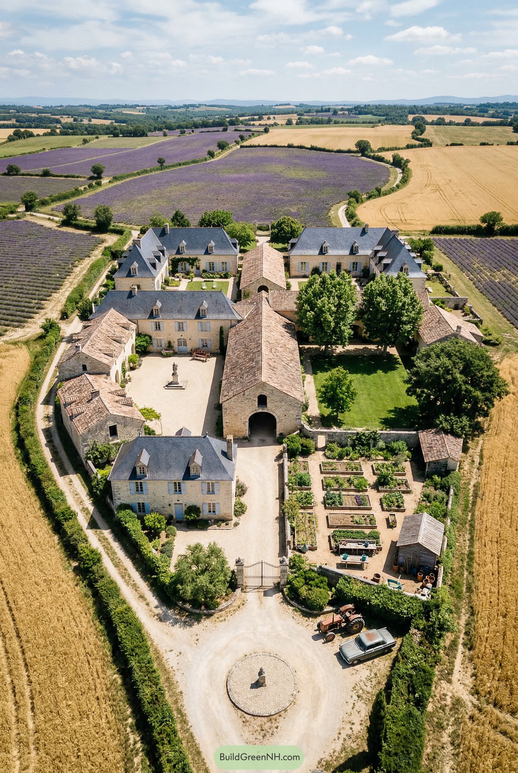 Aerial view of a stone courtyard compound in farm fields