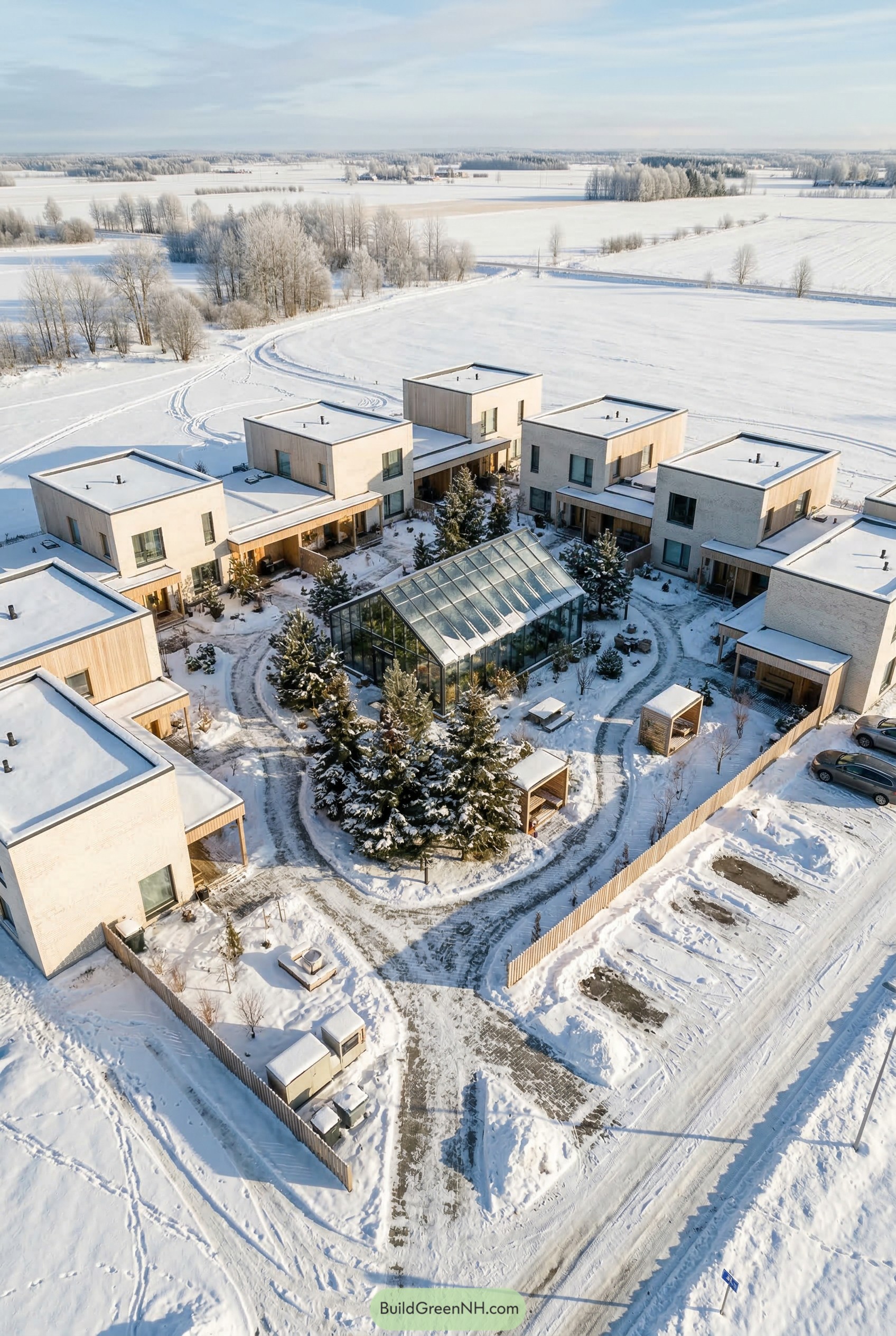 Modern homes around a glass greenhouse in snow