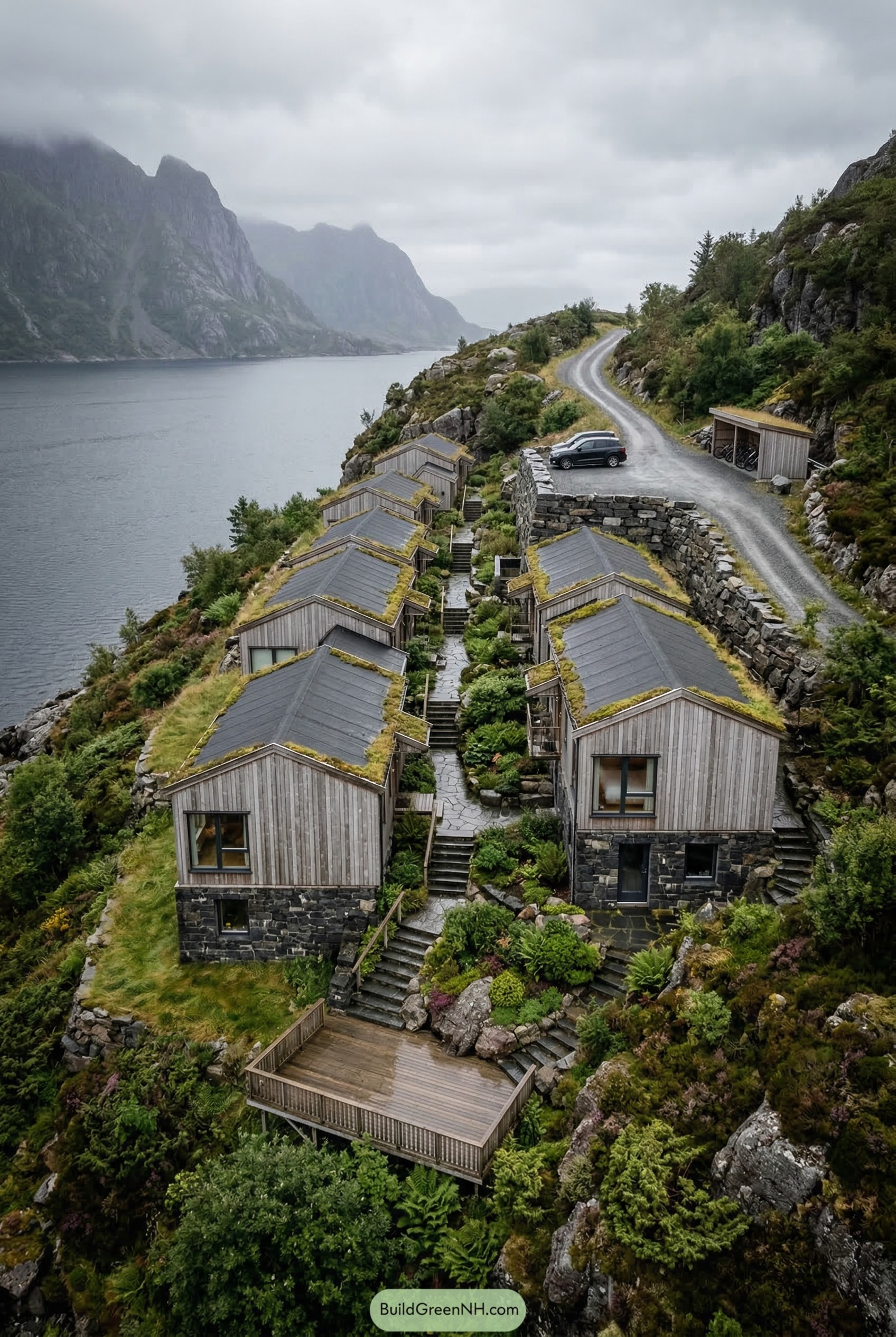 Terraced timber cottages on a fjord hillside
