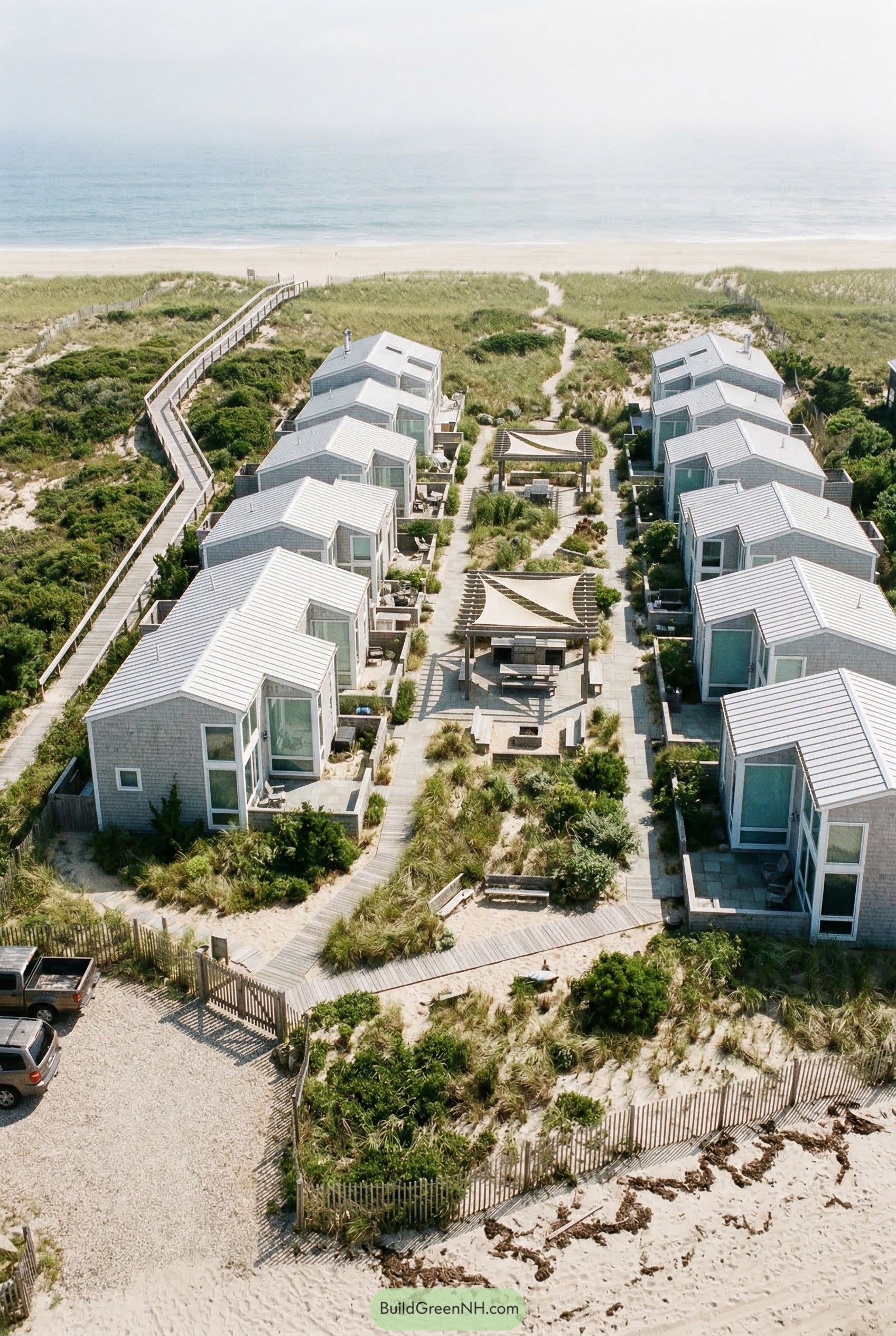 Beach cottages flanking a shared dune courtyard