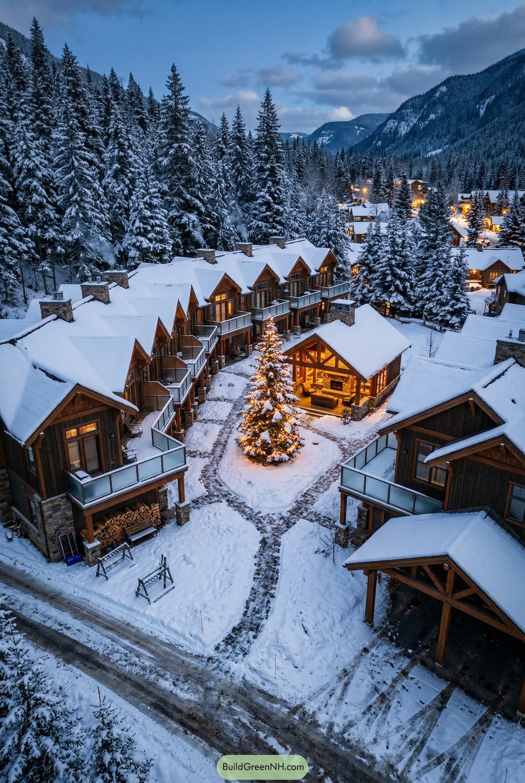 Snowy lodge homes around a lit central green