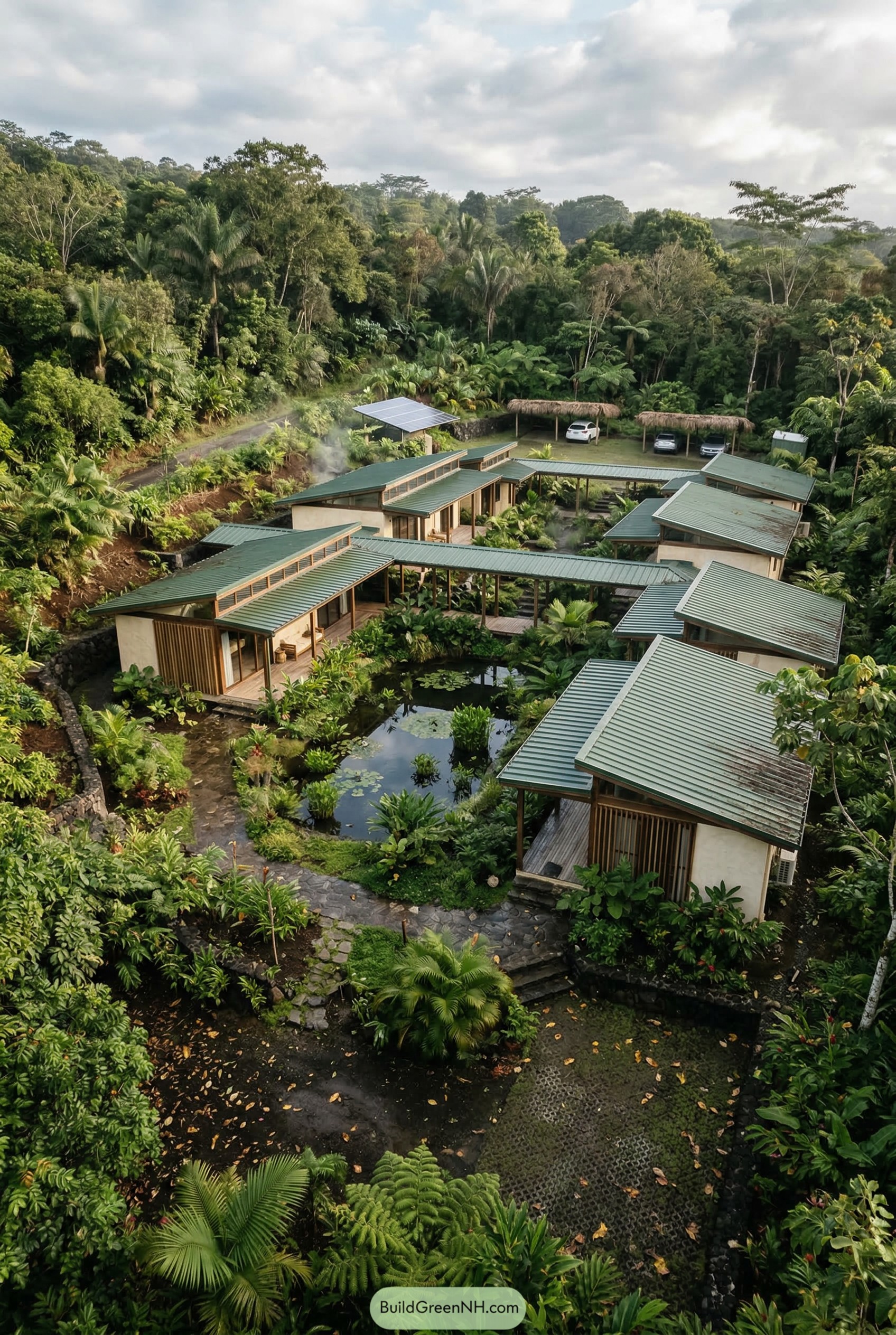 Tropical compound around a central pond