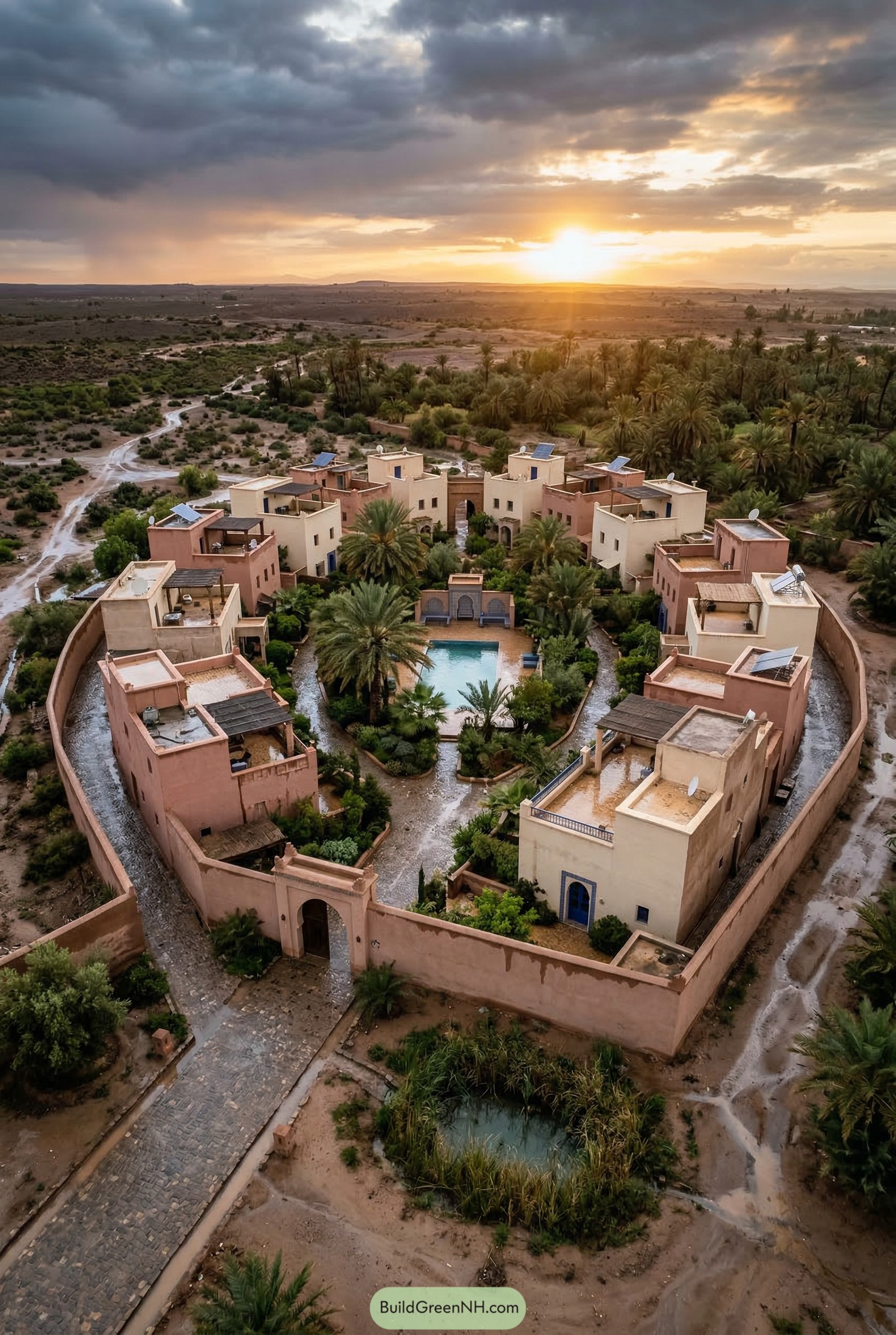 Walled desert compound with central pool and palms