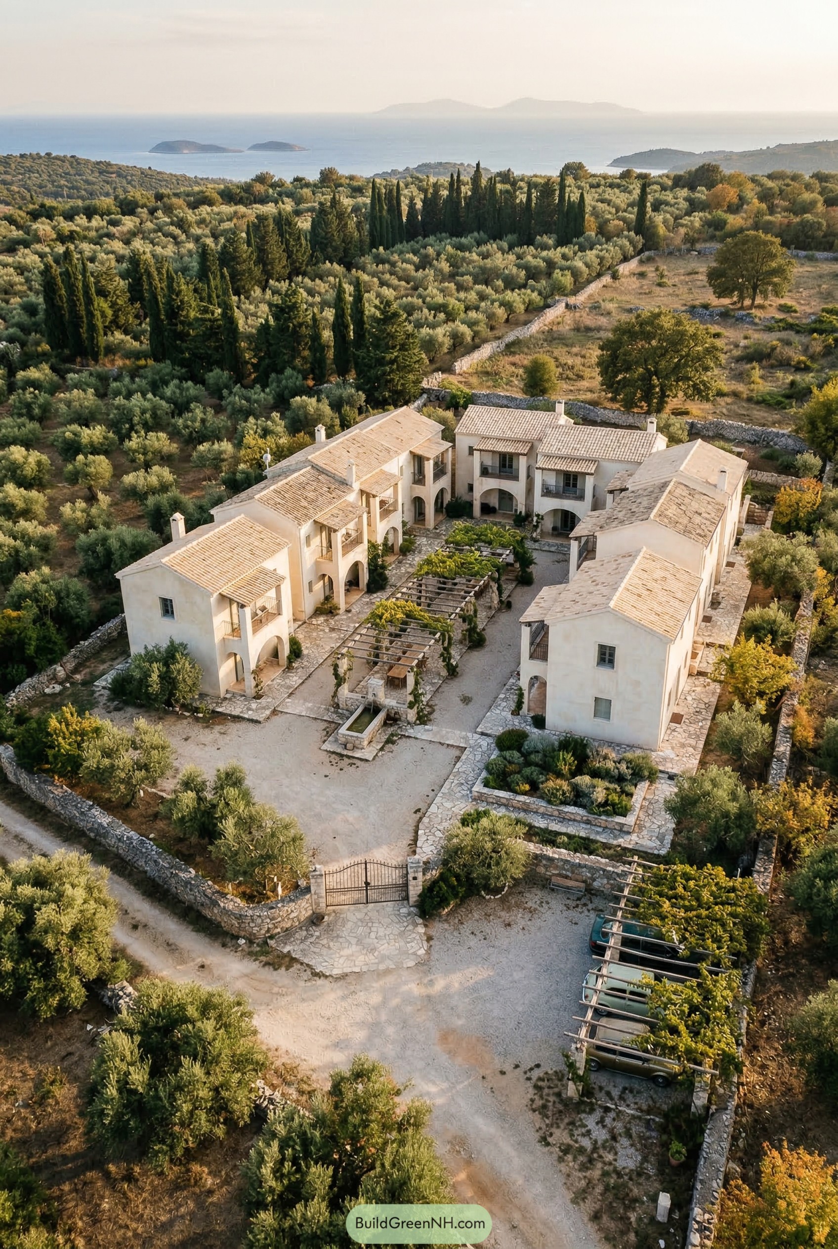 Aerial view of a walled Mediterranean family compound around a central courtyard