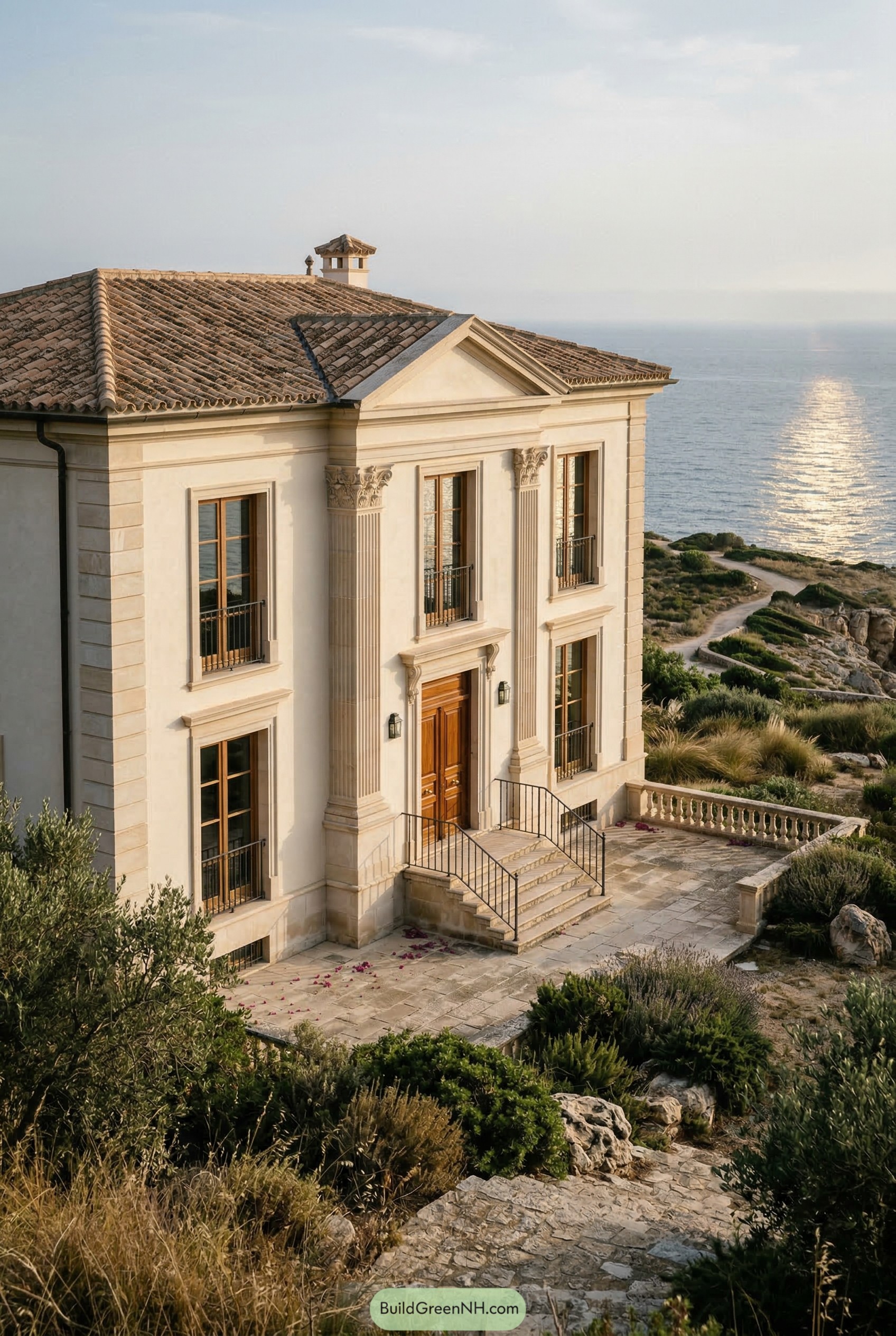 Neoclassical seaside villa with pedimented entry