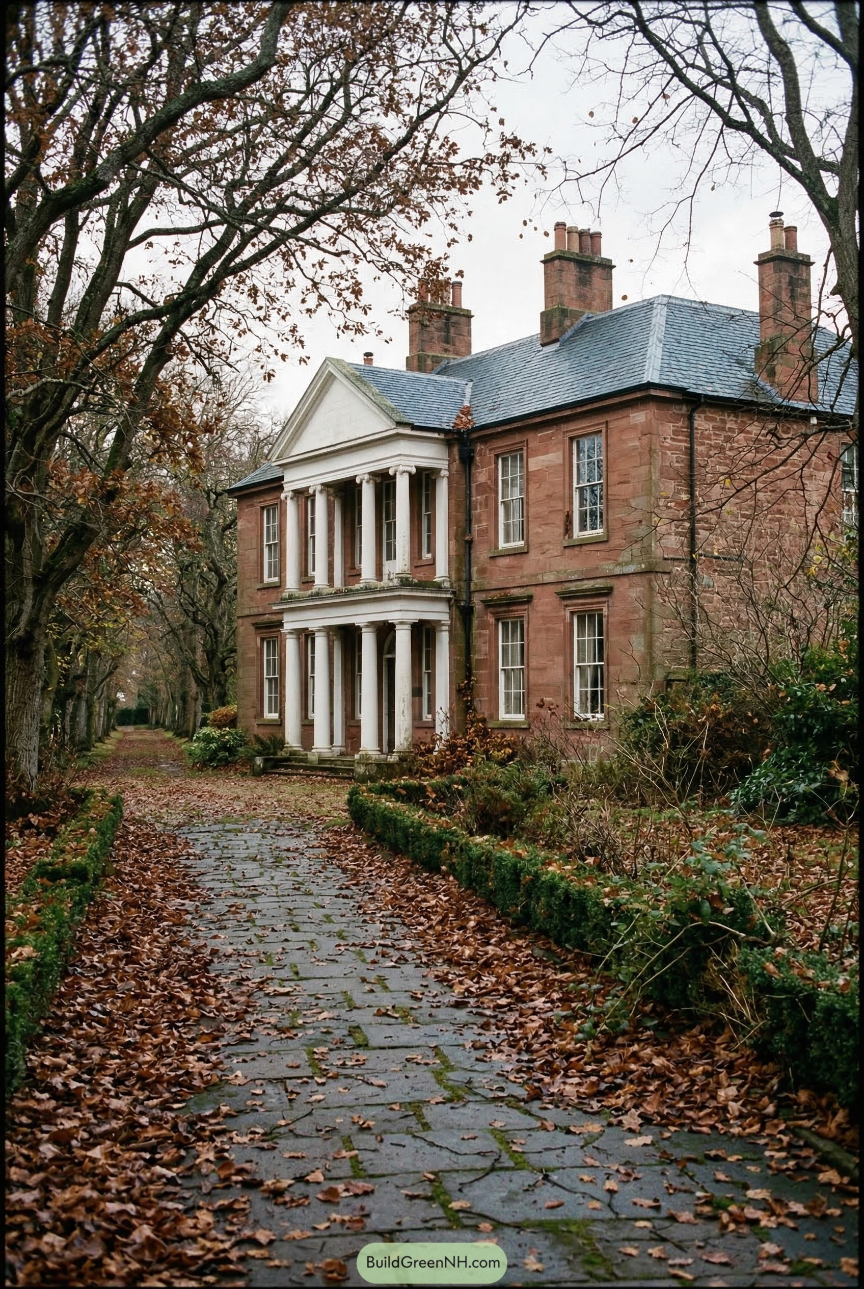 Sandstone neoclassical manor with white portico