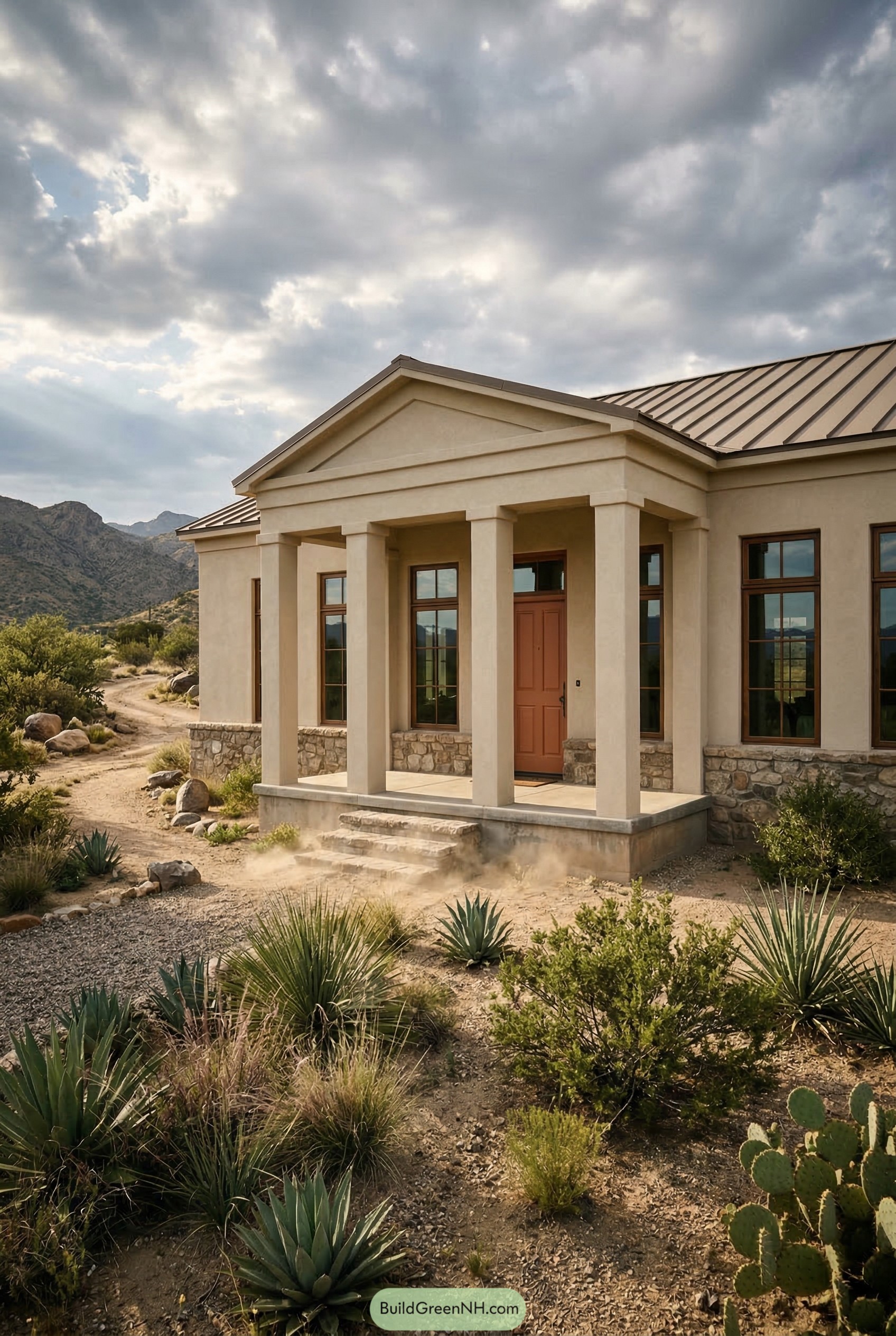 Neoclassical desert house with pedimented porch