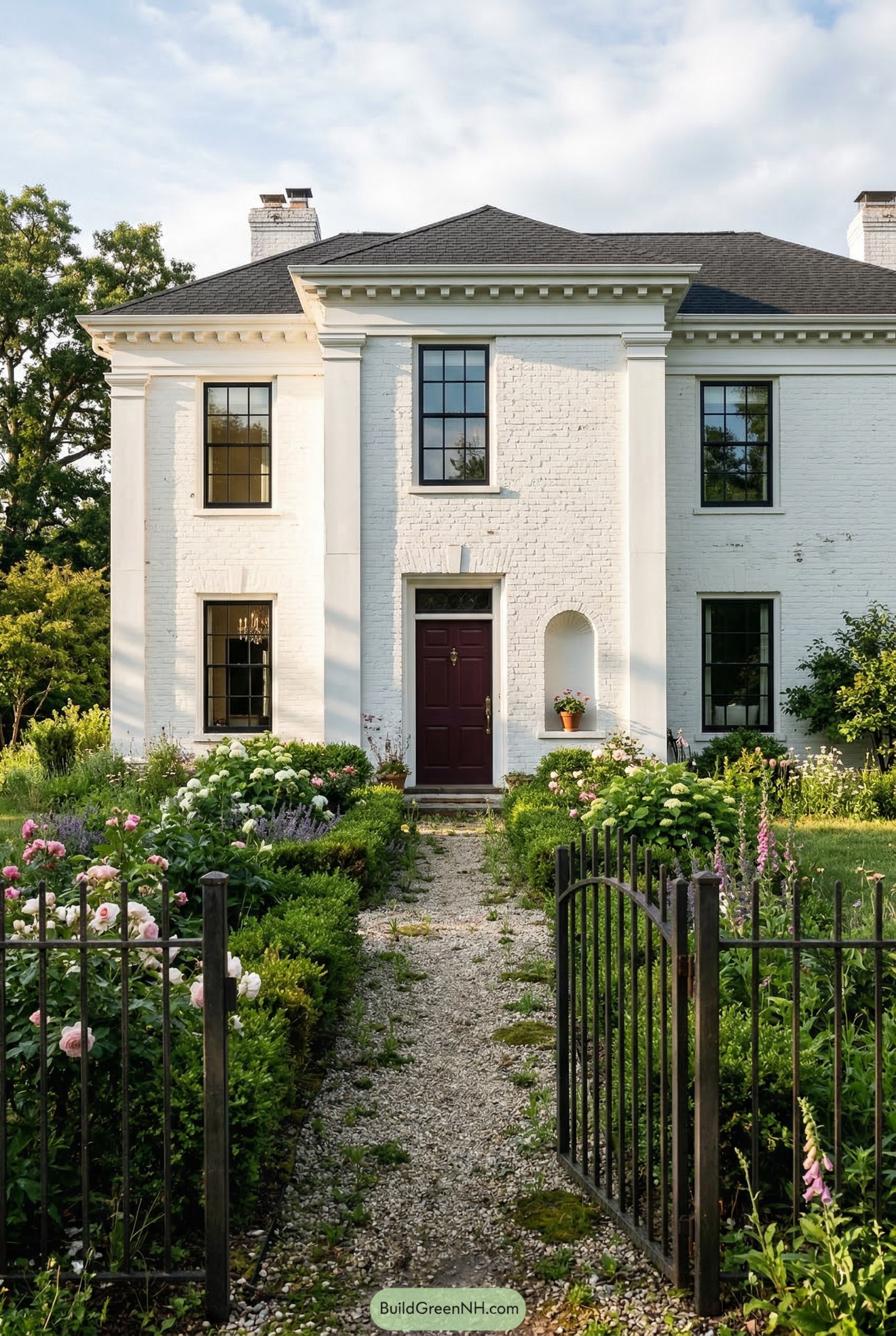White brick neoclassical house with garden path