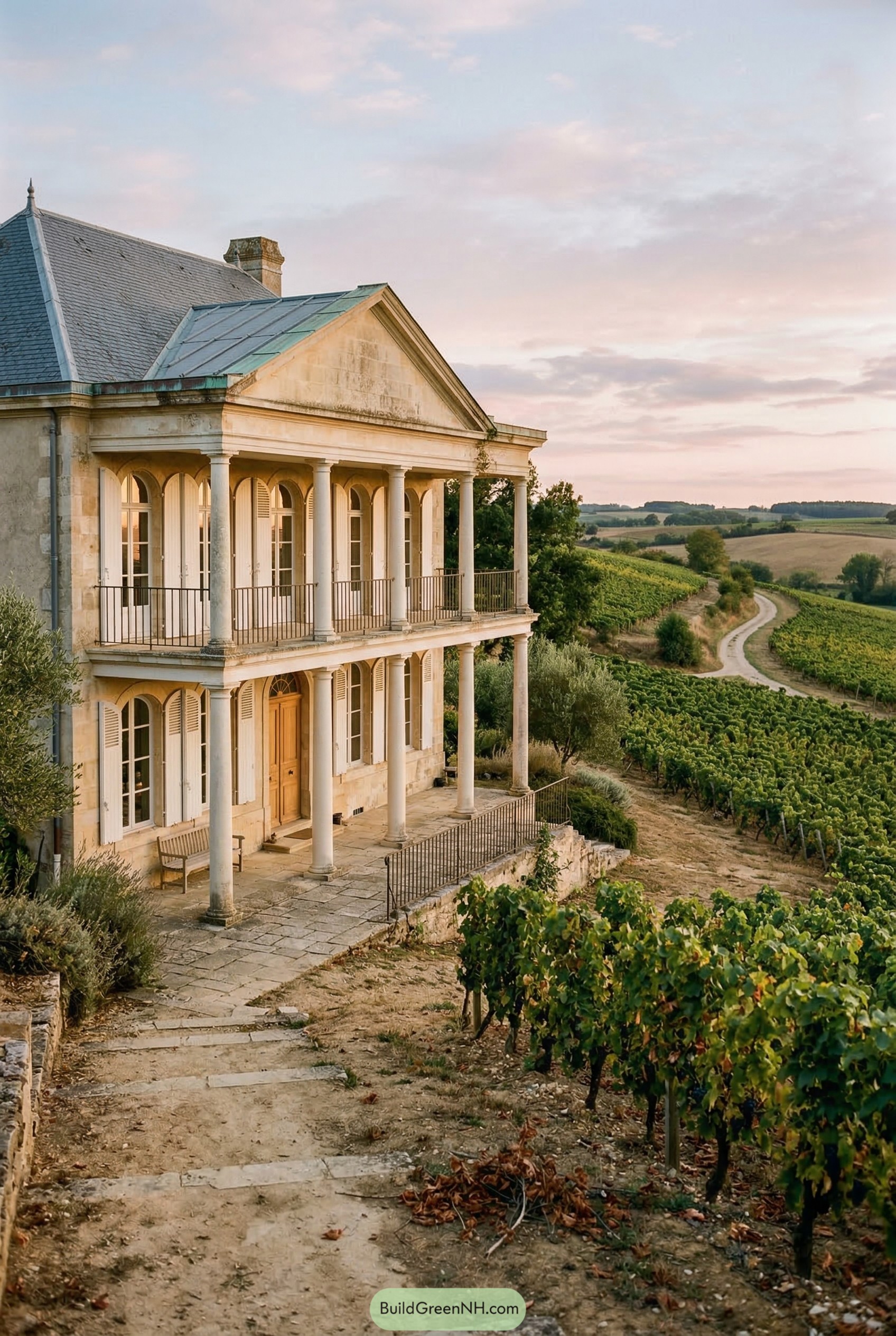 Stone neoclassical chateau beside vineyard rows
