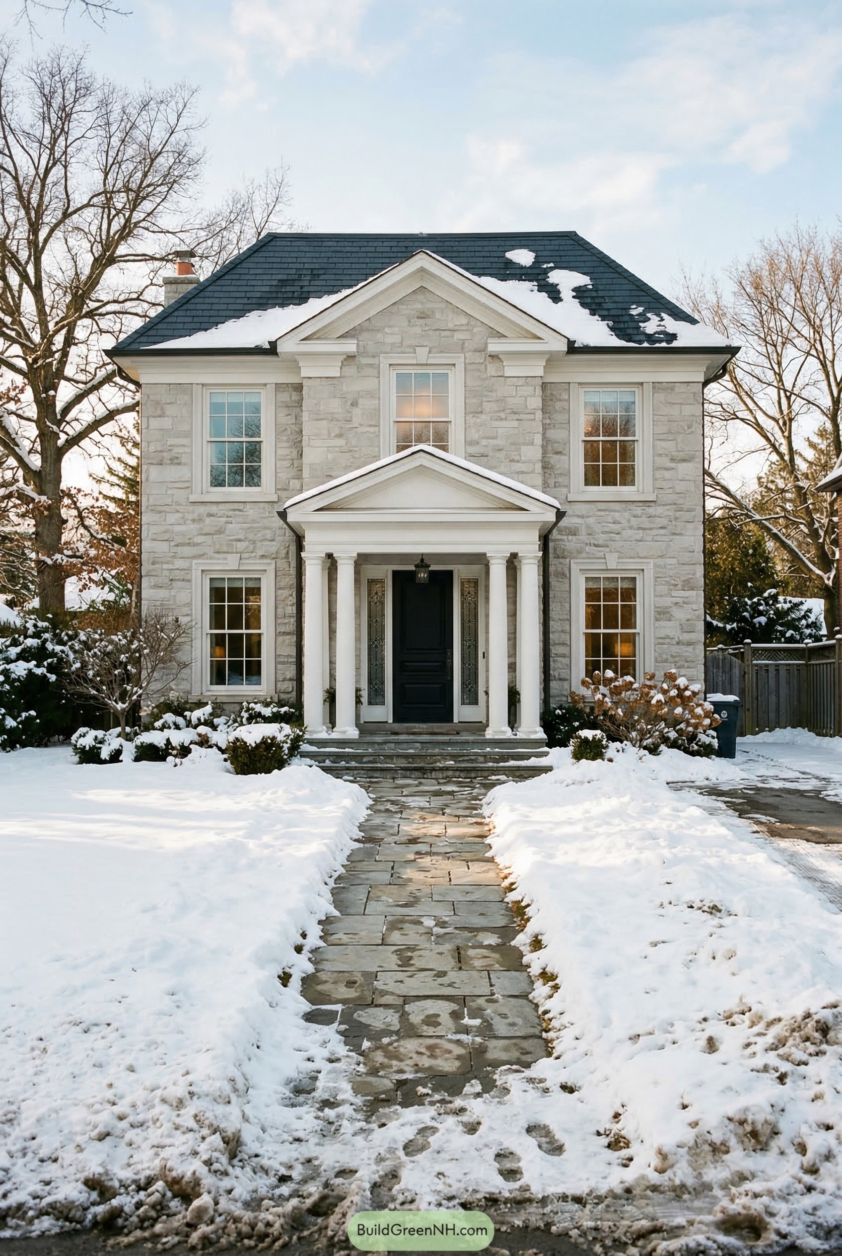 Symmetrical limestone neoclassical house with snowy front yard