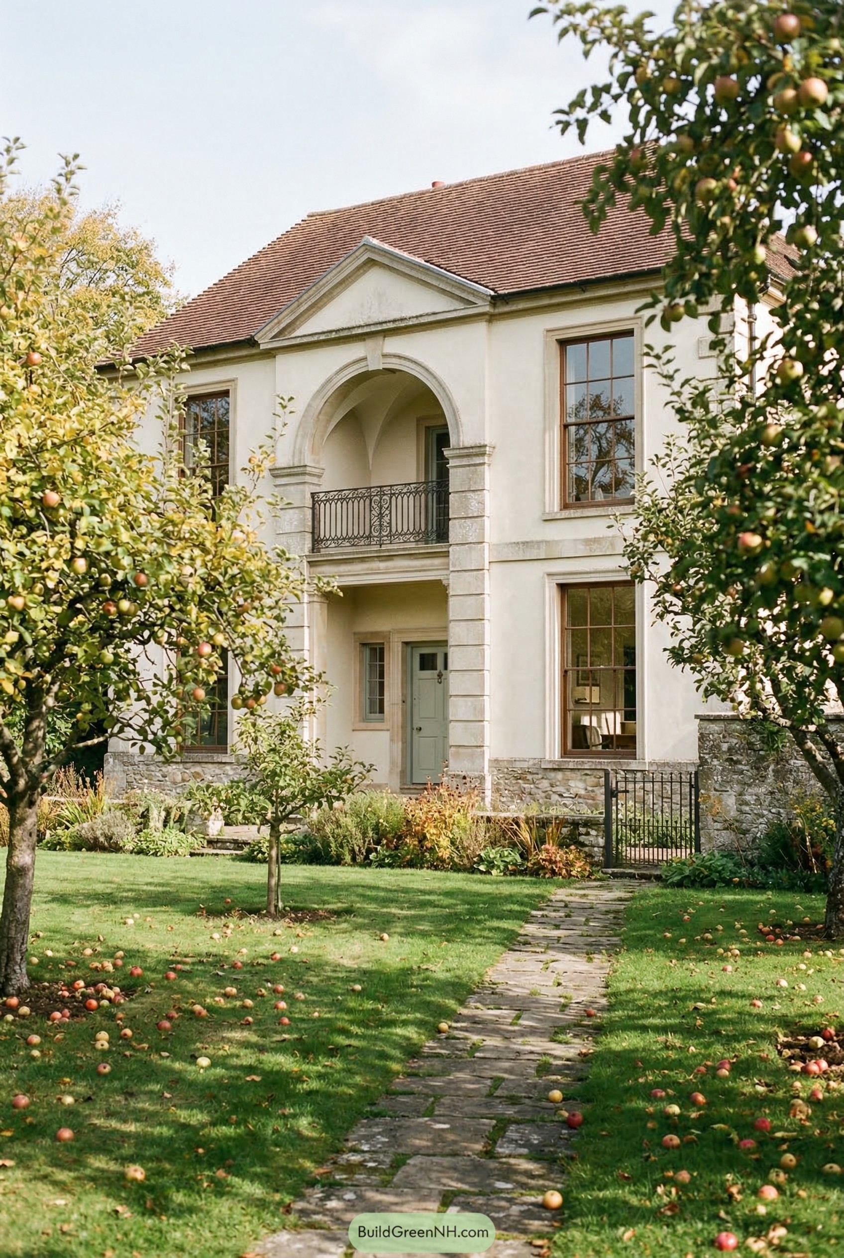 Neoclassical villa with an arched balcony and orchard garden