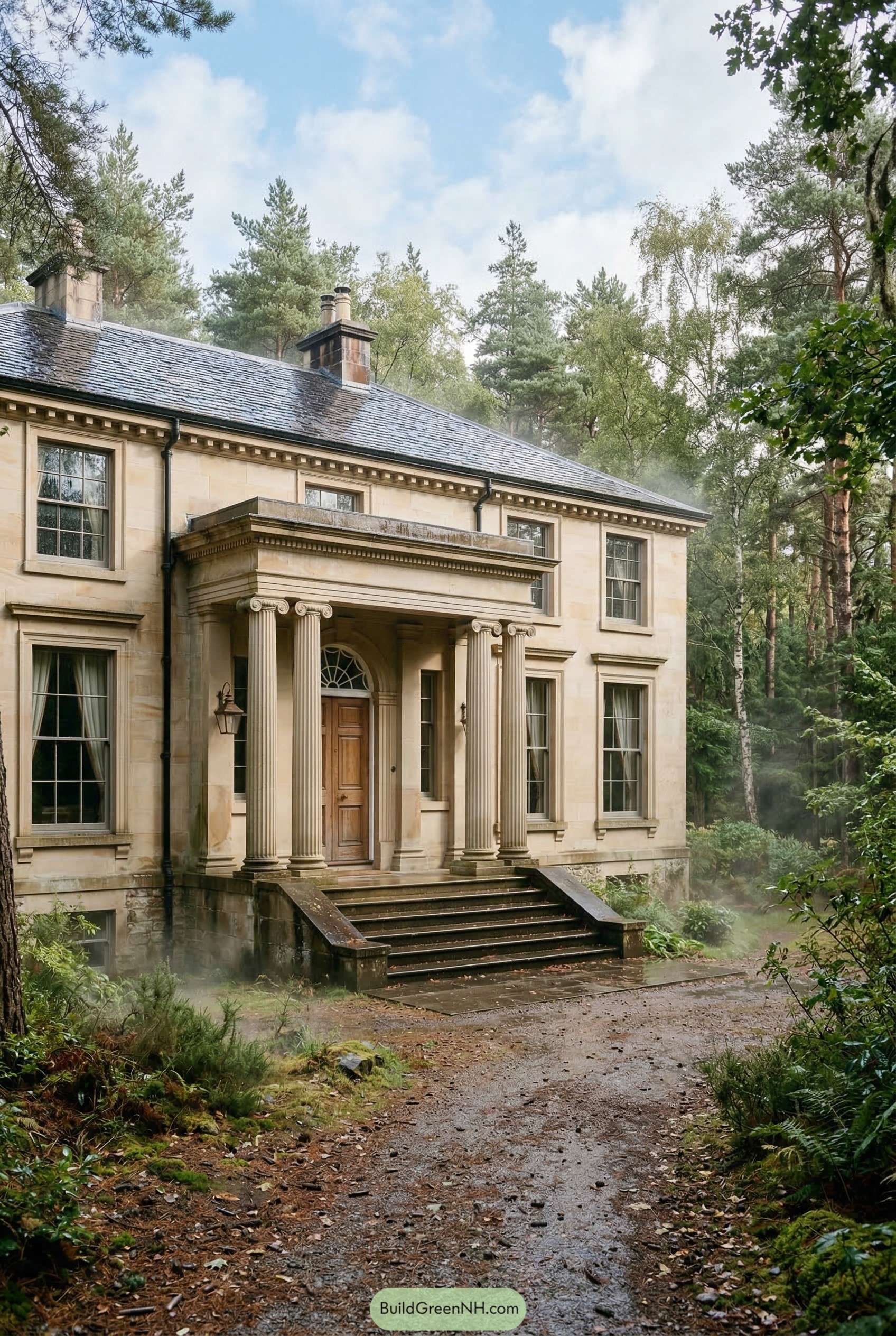Neoclassical stone house with four column portico in woodland