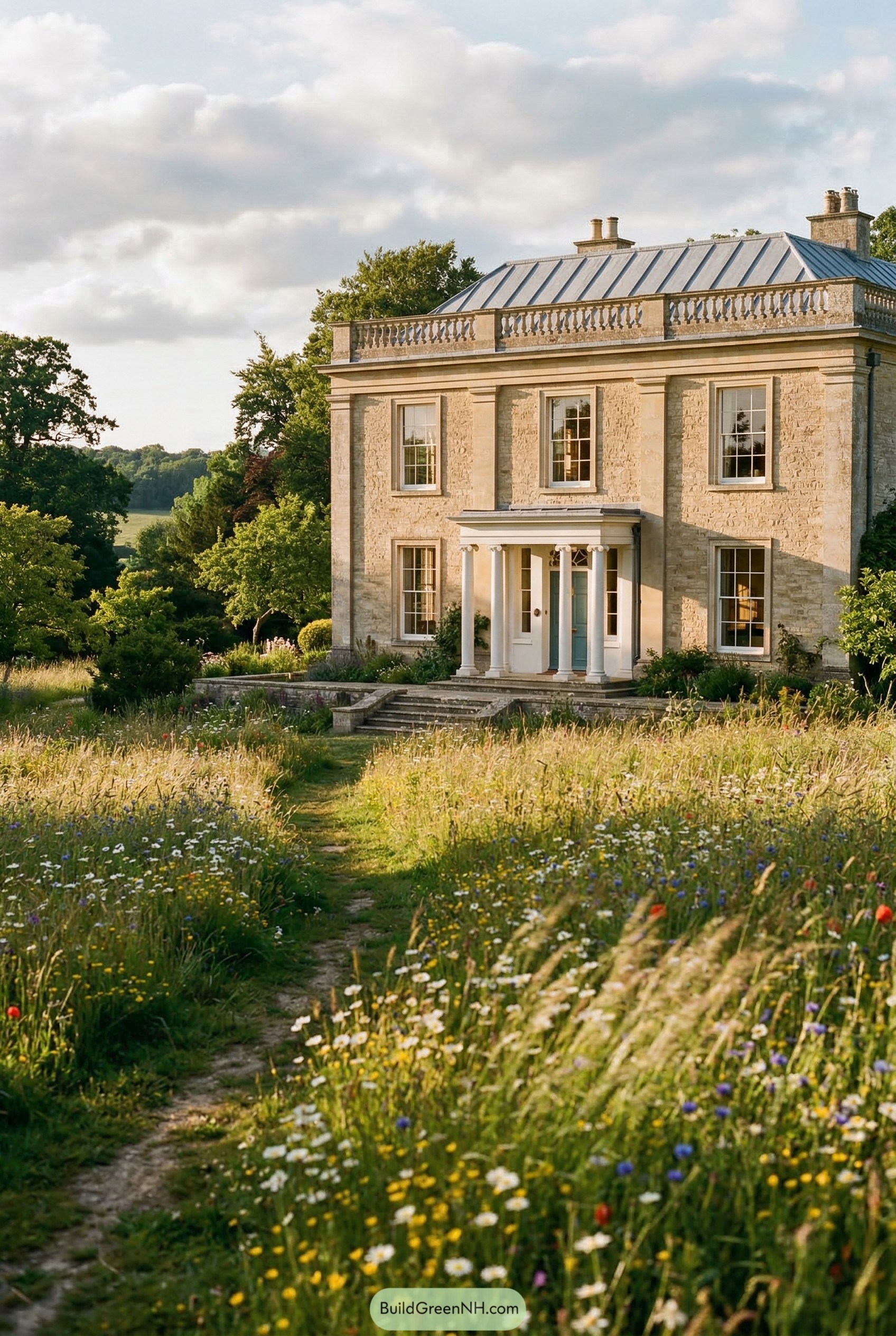 Stone neoclassical house by a wildflower meadow