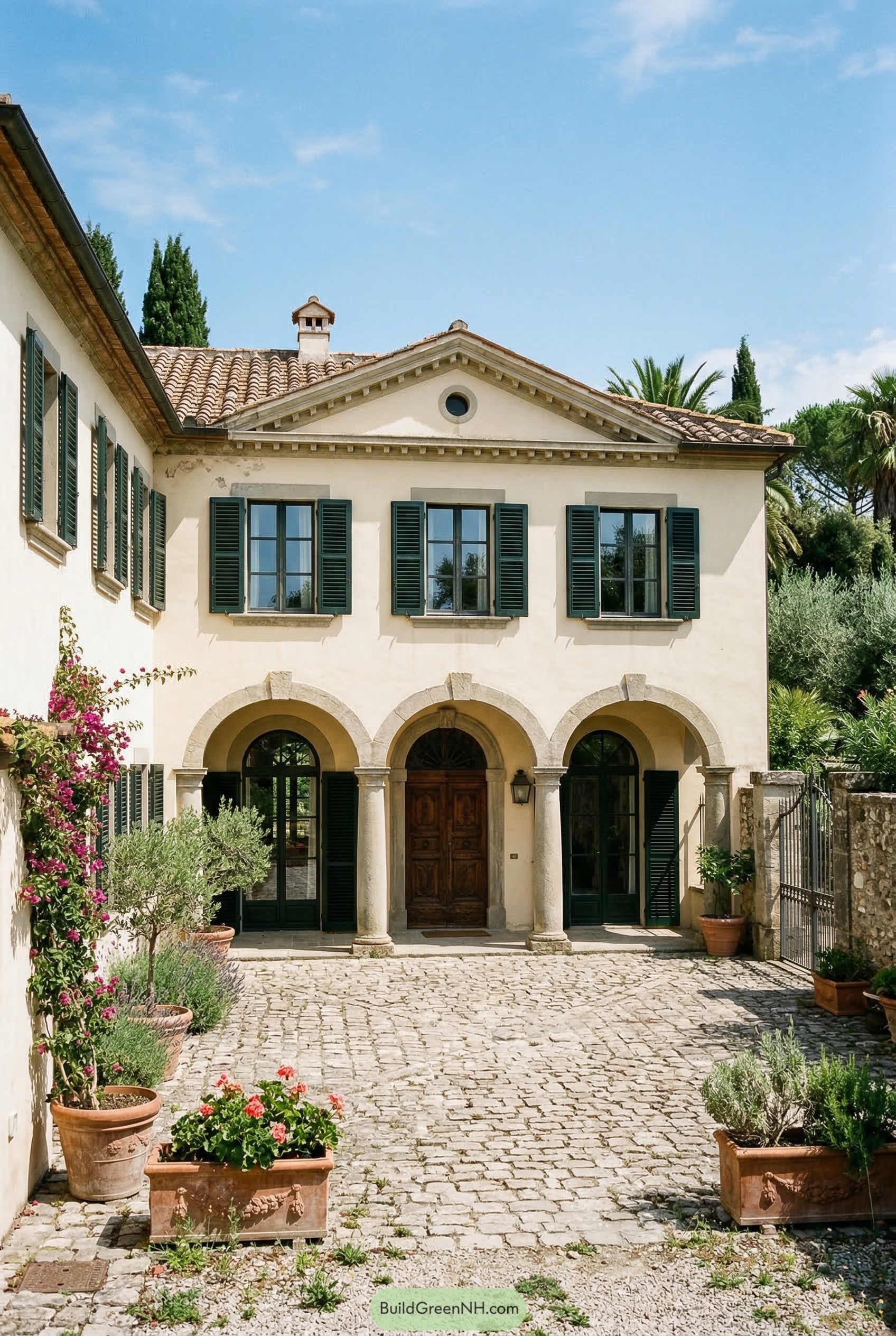 Cream stucco villa with arched loggia and green shutters
