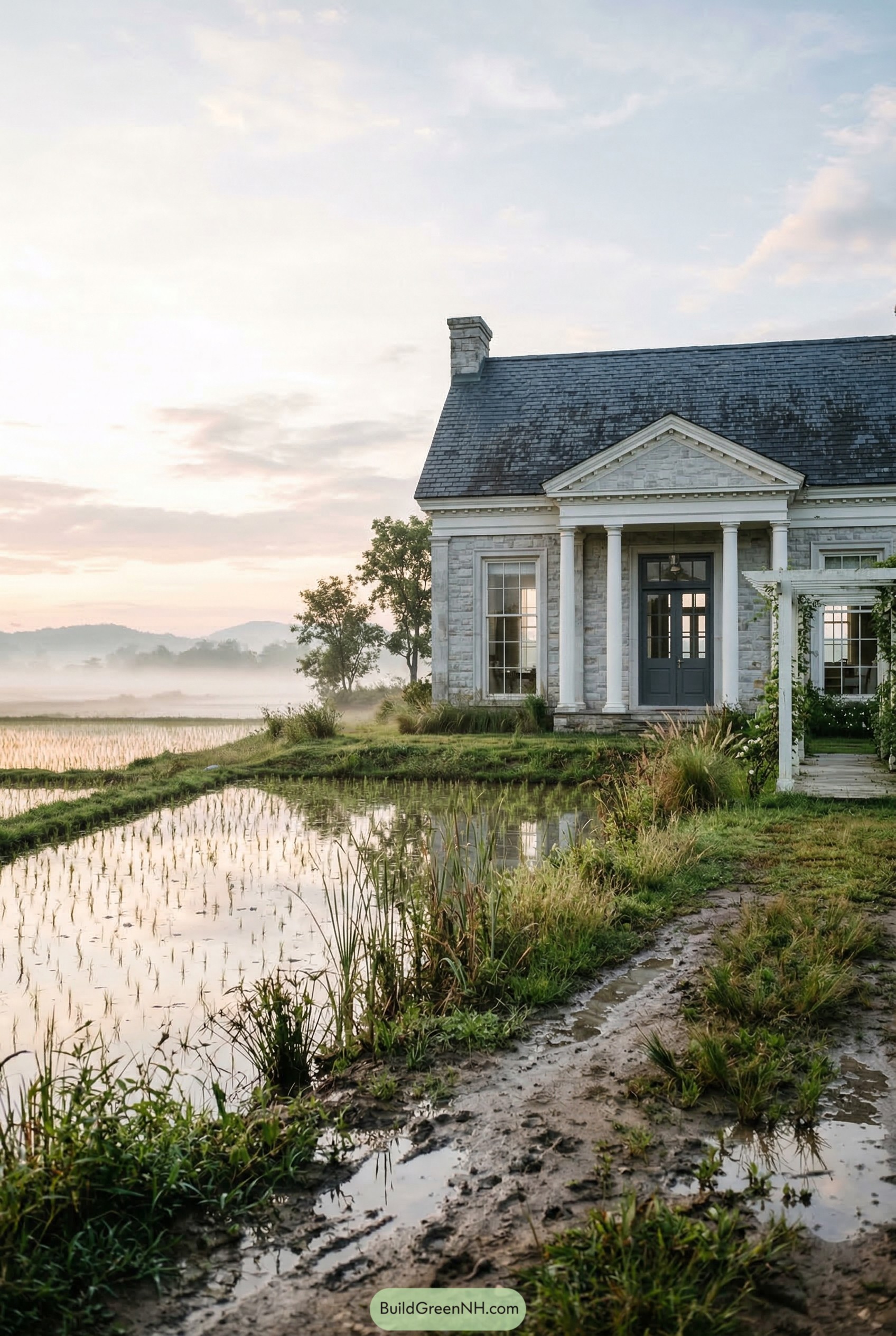 Stone cottage with classical portico by wetlands
