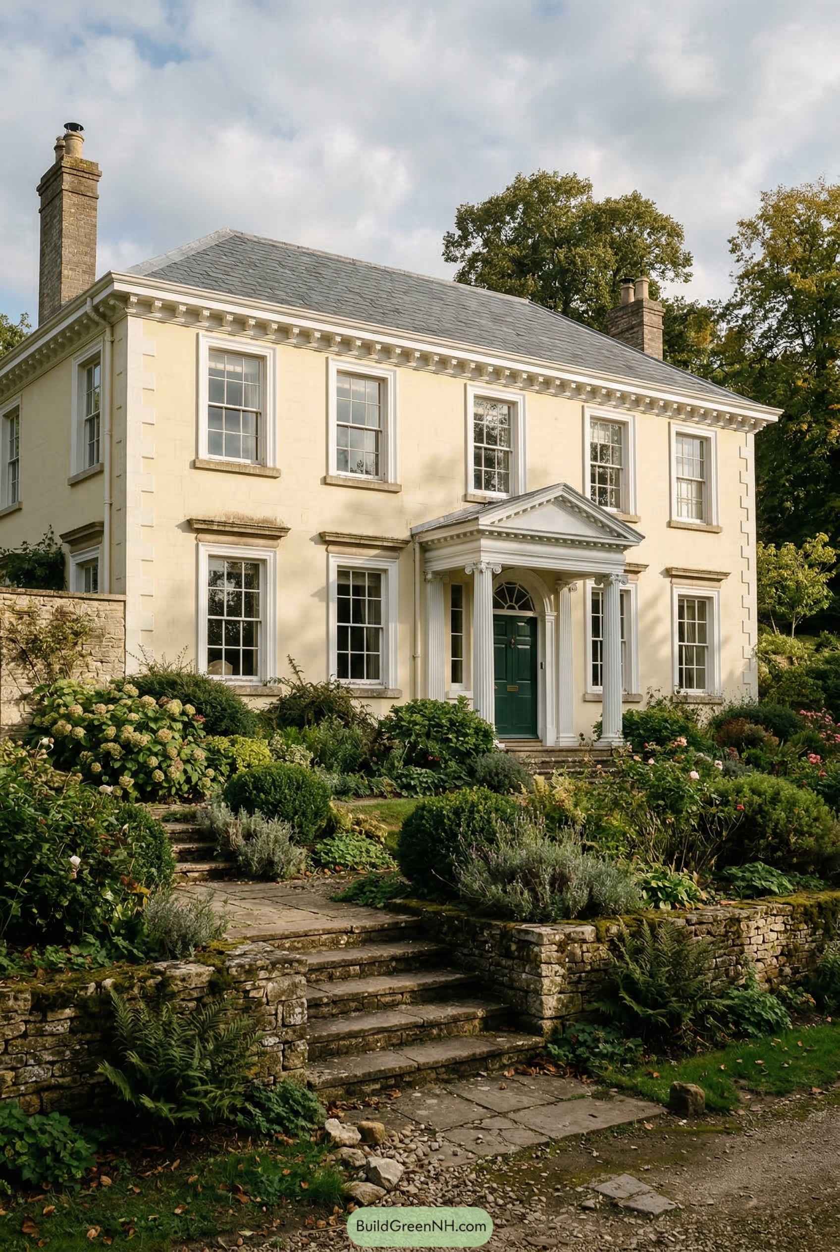 Cream neoclassical house with columned porch and stone steps